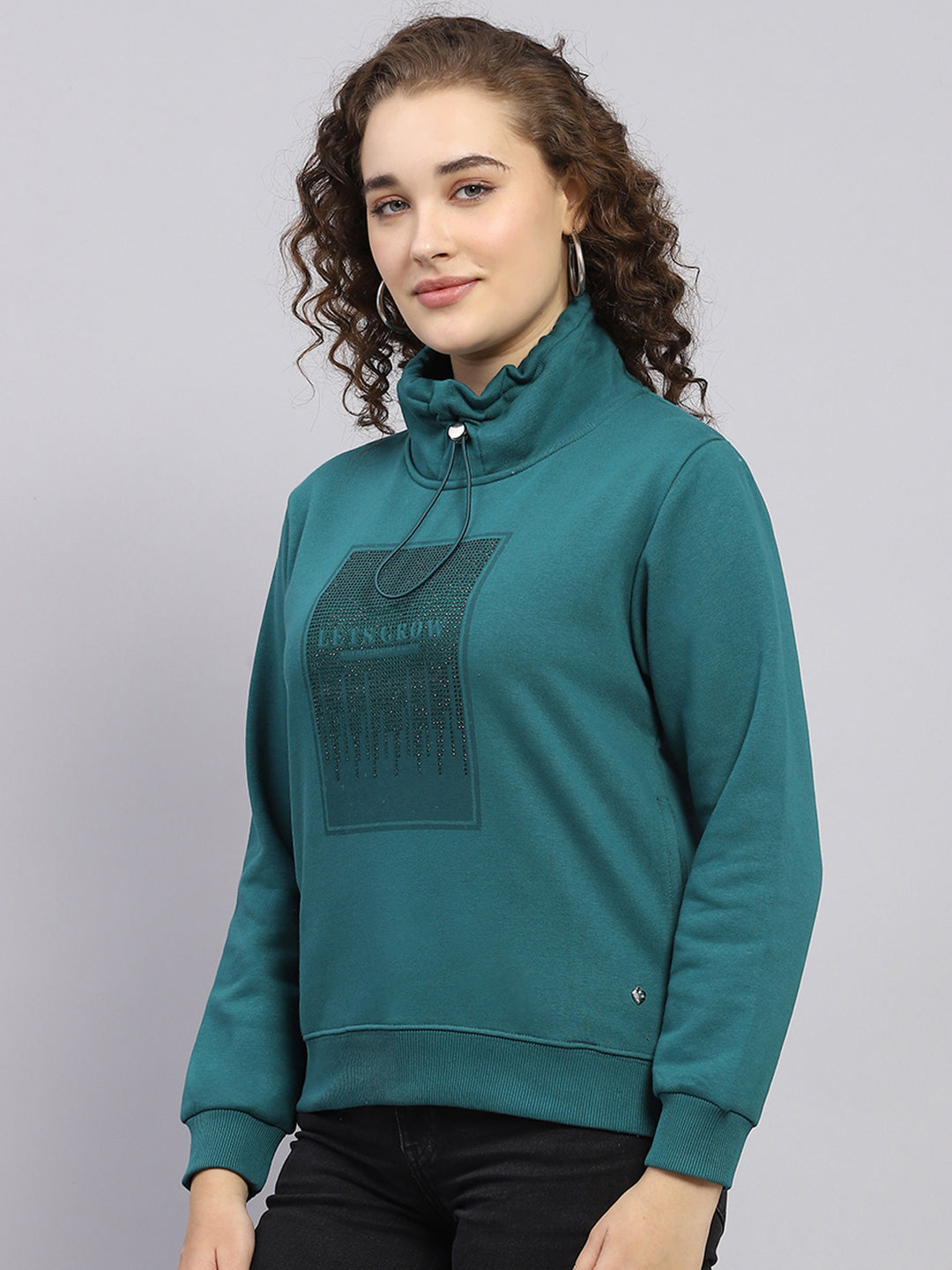 Women Green Printed High Neck Full Sleeve Sweatshirt