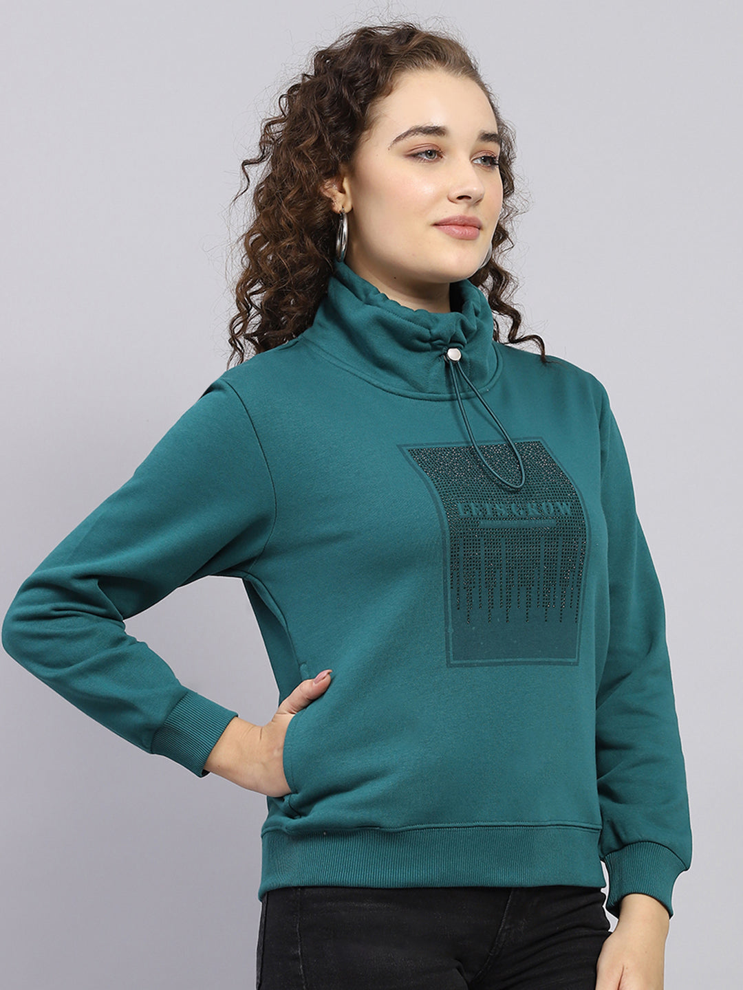 Women Green Printed High Neck Full Sleeve Sweatshirt