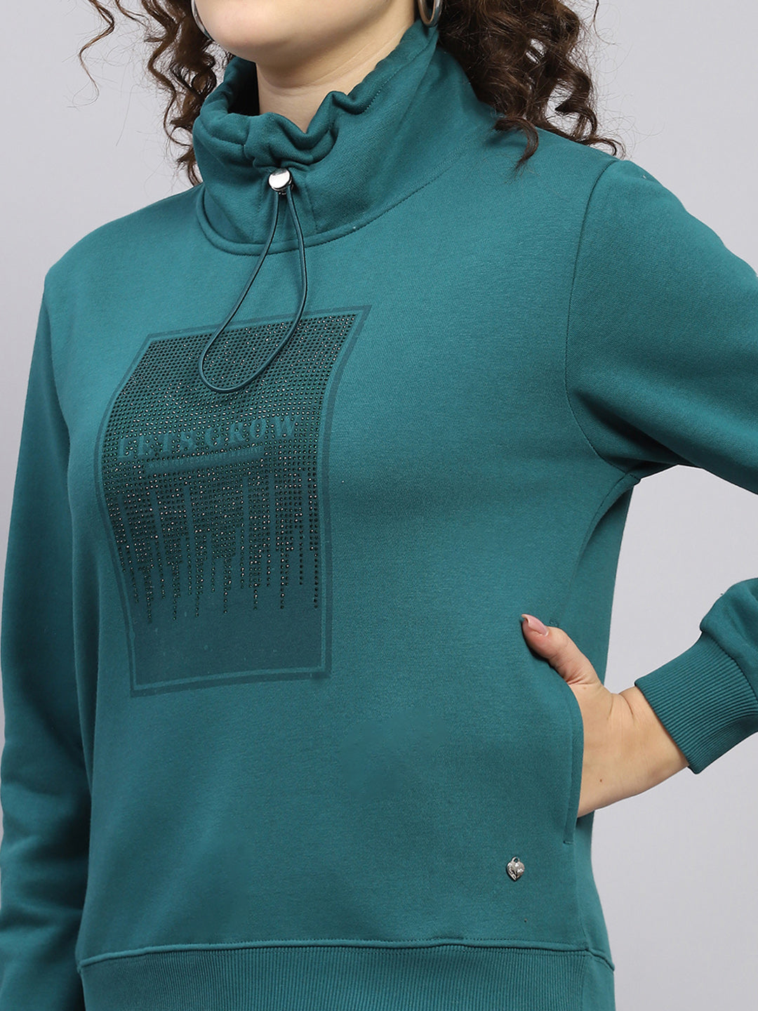 Women Green Printed High Neck Full Sleeve Sweatshirt