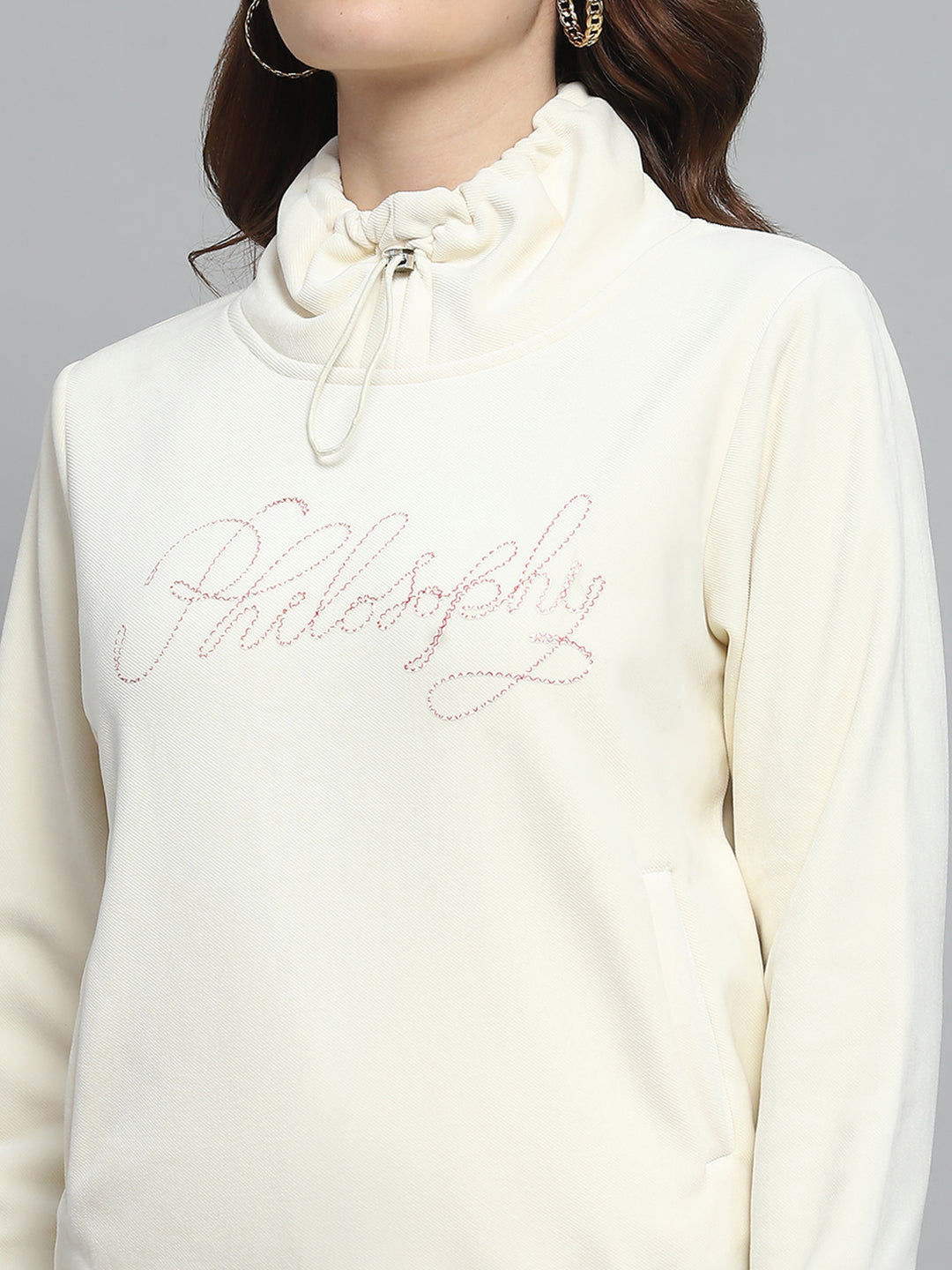 Women White Self Design Mock Neck Full Sleeve Sweatshirt