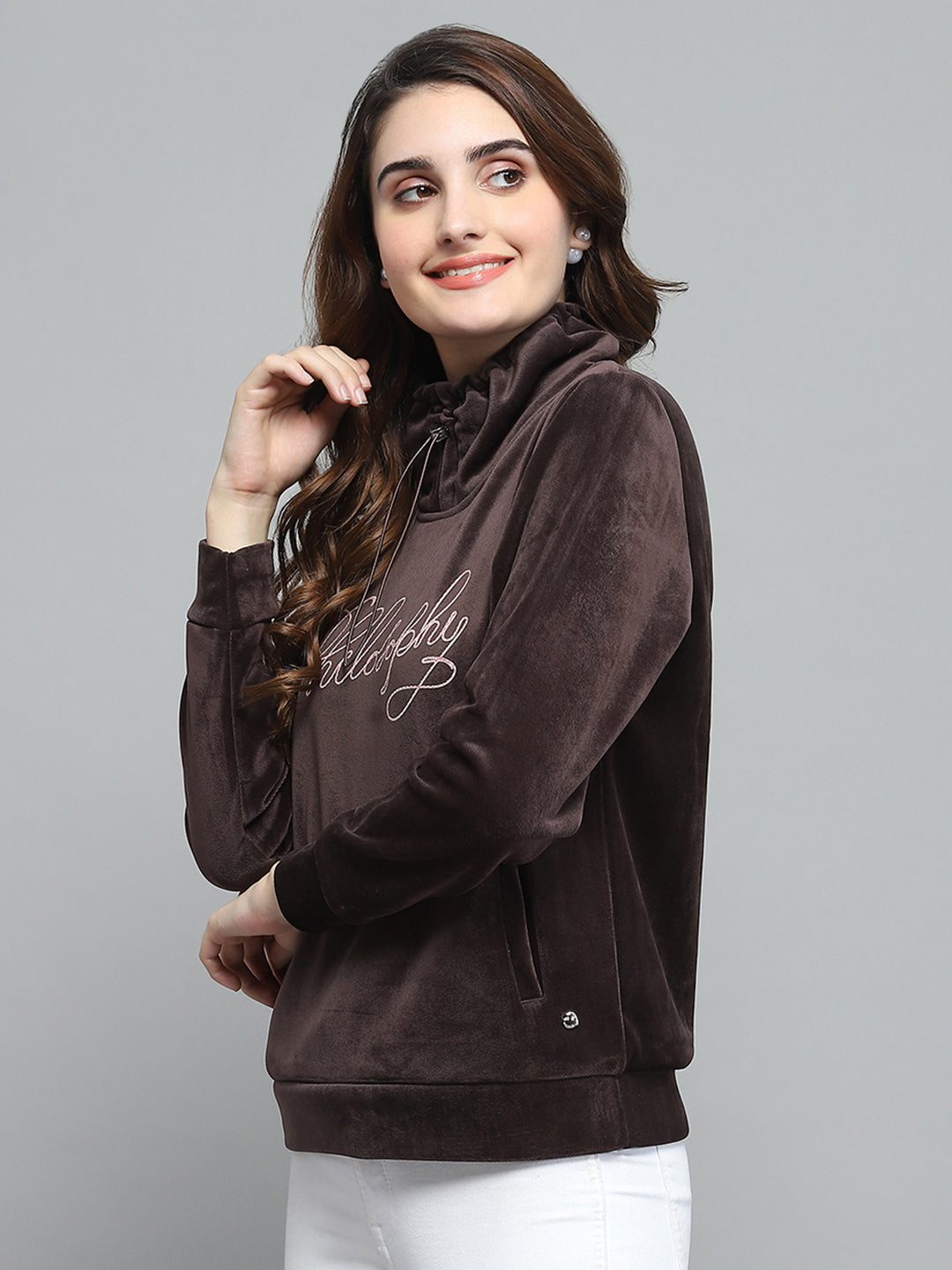 Women Brown Self Design Mock Neck Full Sleeve Sweatshirt