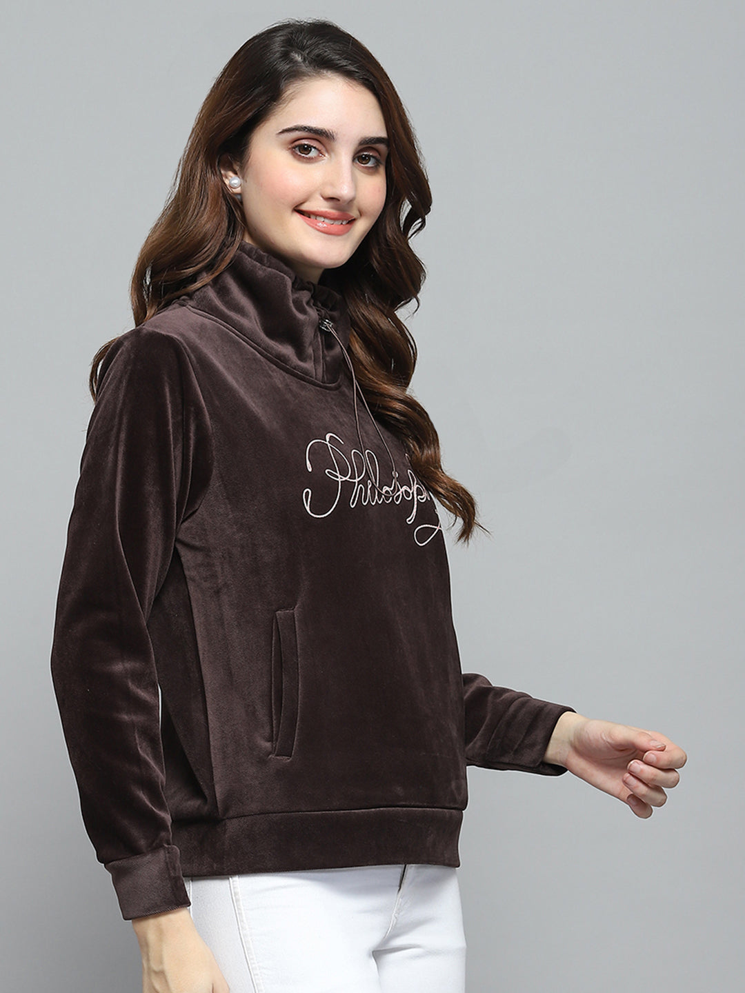 Women Brown Self Design Mock Neck Full Sleeve Sweatshirt