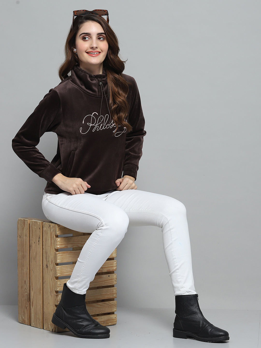 Women Brown Self Design Mock Neck Full Sleeve Sweatshirt