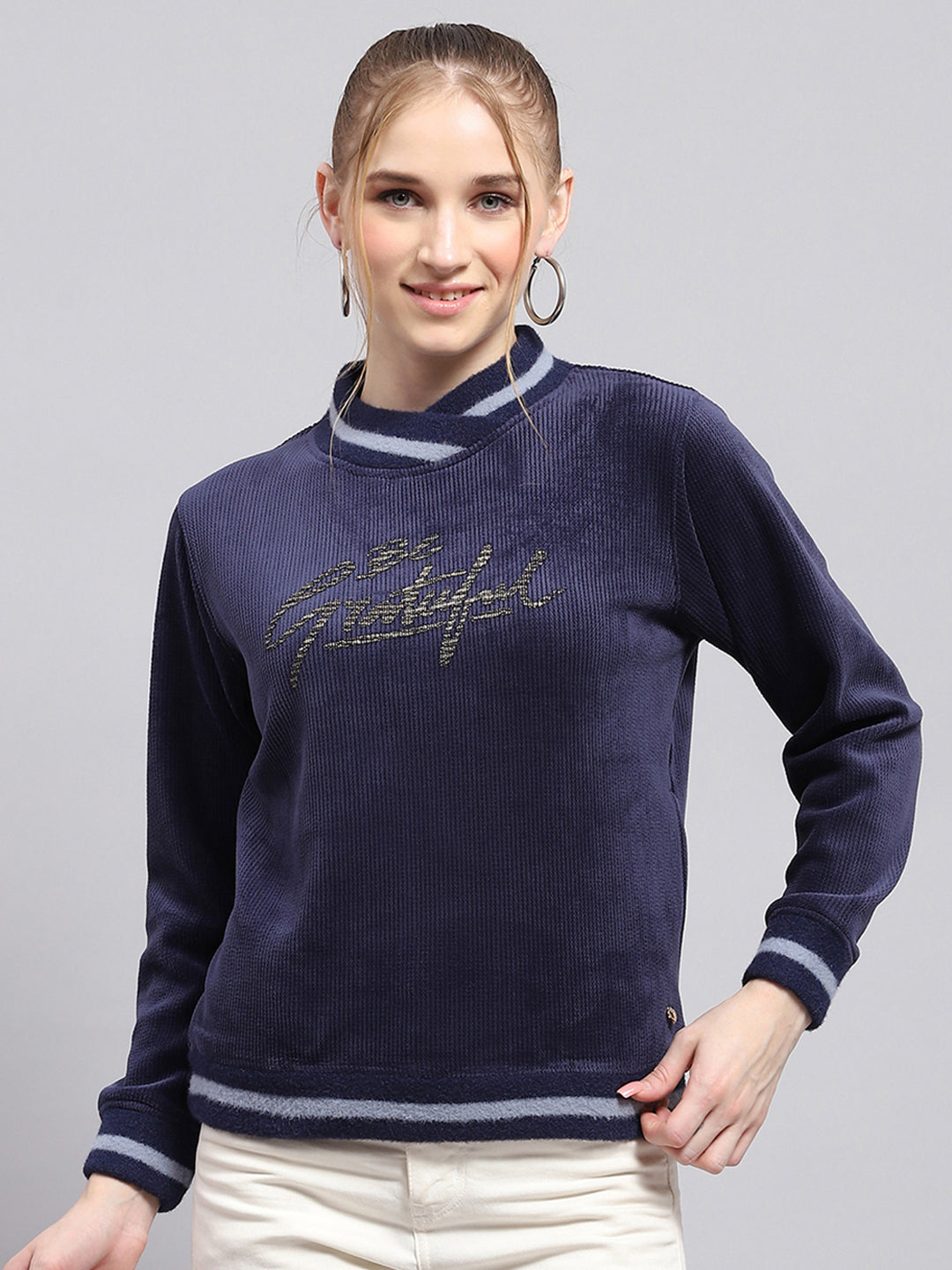 Women Navy Blue Printed High Neck Full Sleeve Sweatshirt