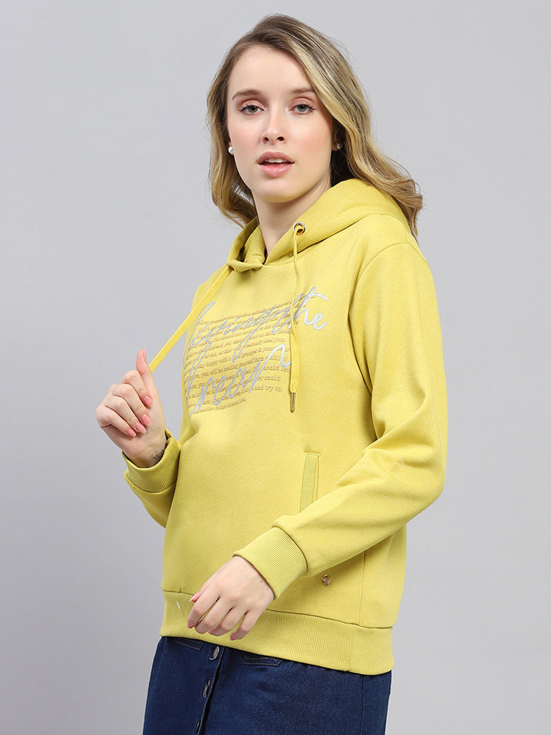 Women Yellow Printed Hooded Full Sleeve Sweatshirt