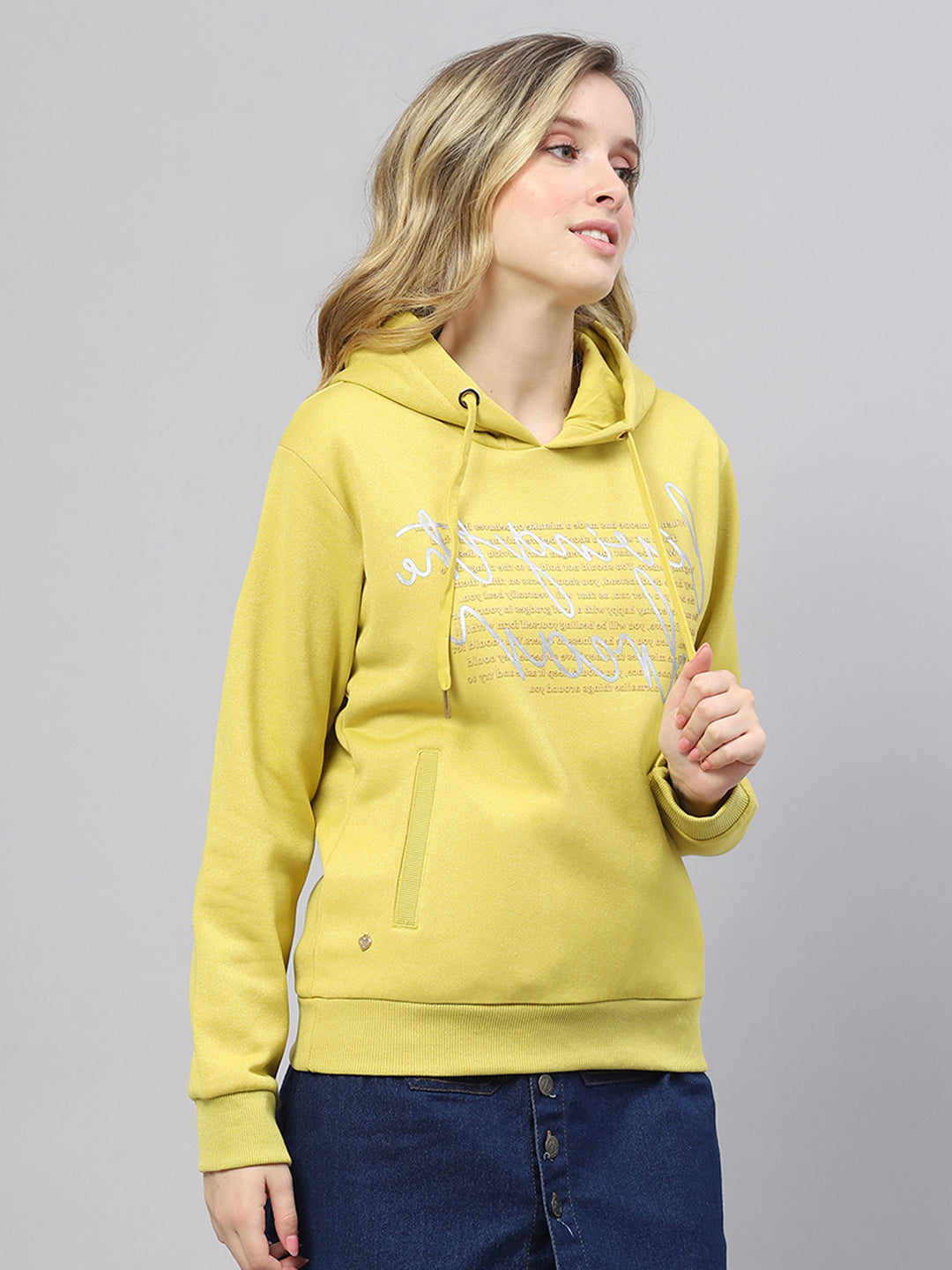 Women Yellow Printed Hooded Full Sleeve Sweatshirt