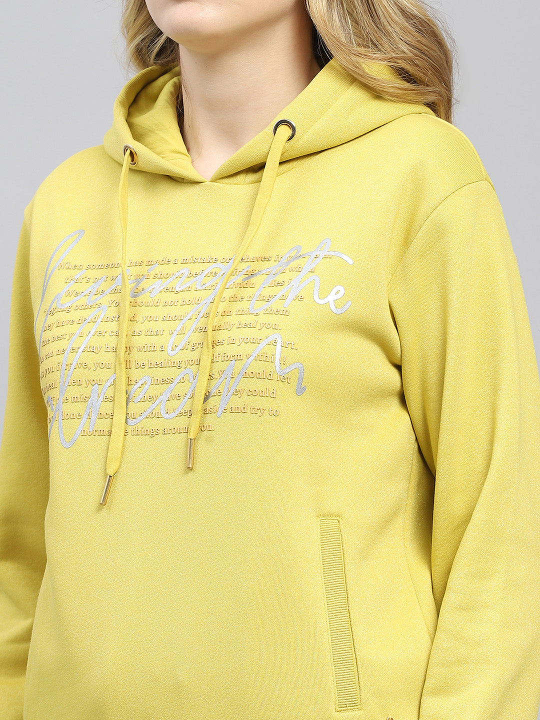 Women Yellow Printed Hooded Full Sleeve Sweatshirt