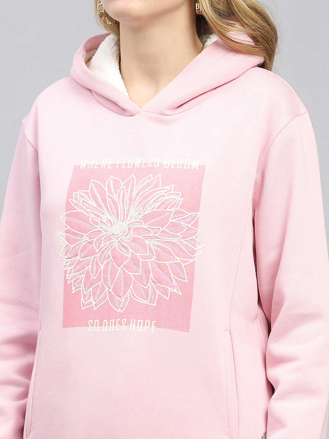 Women Pink Printed Hooded Full Sleeve Sweatshirt