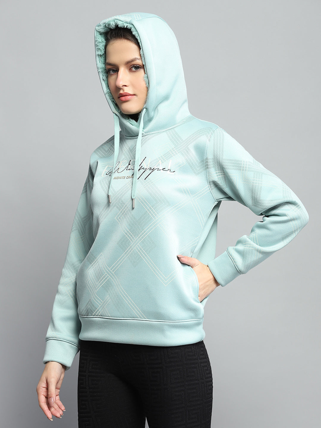 Women Green Printed Hooded Full Sleeve Sweatshirt