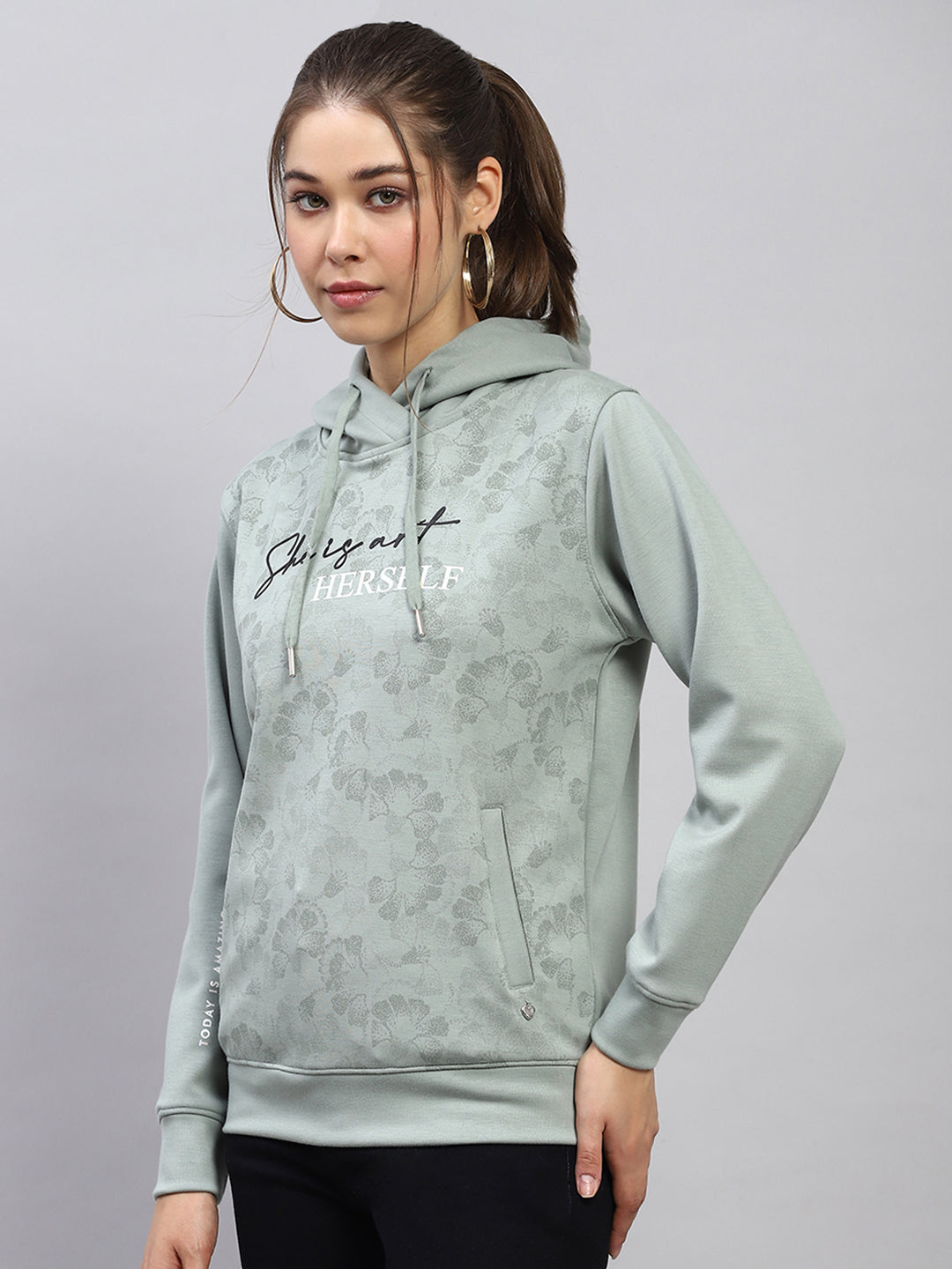 Women Green Printed Hooded Full Sleeve Sweatshirt