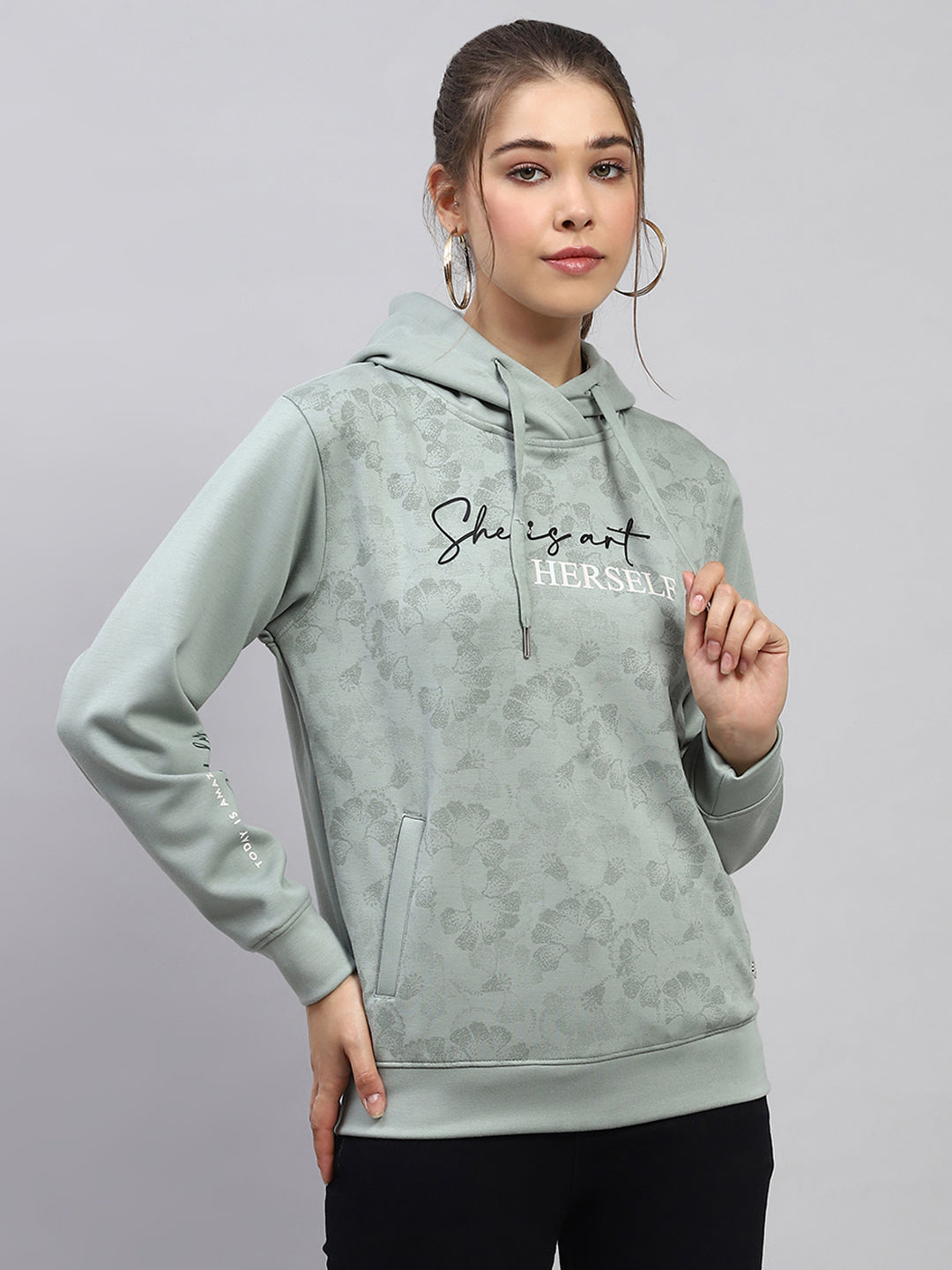 Women Green Printed Hooded Full Sleeve Sweatshirt