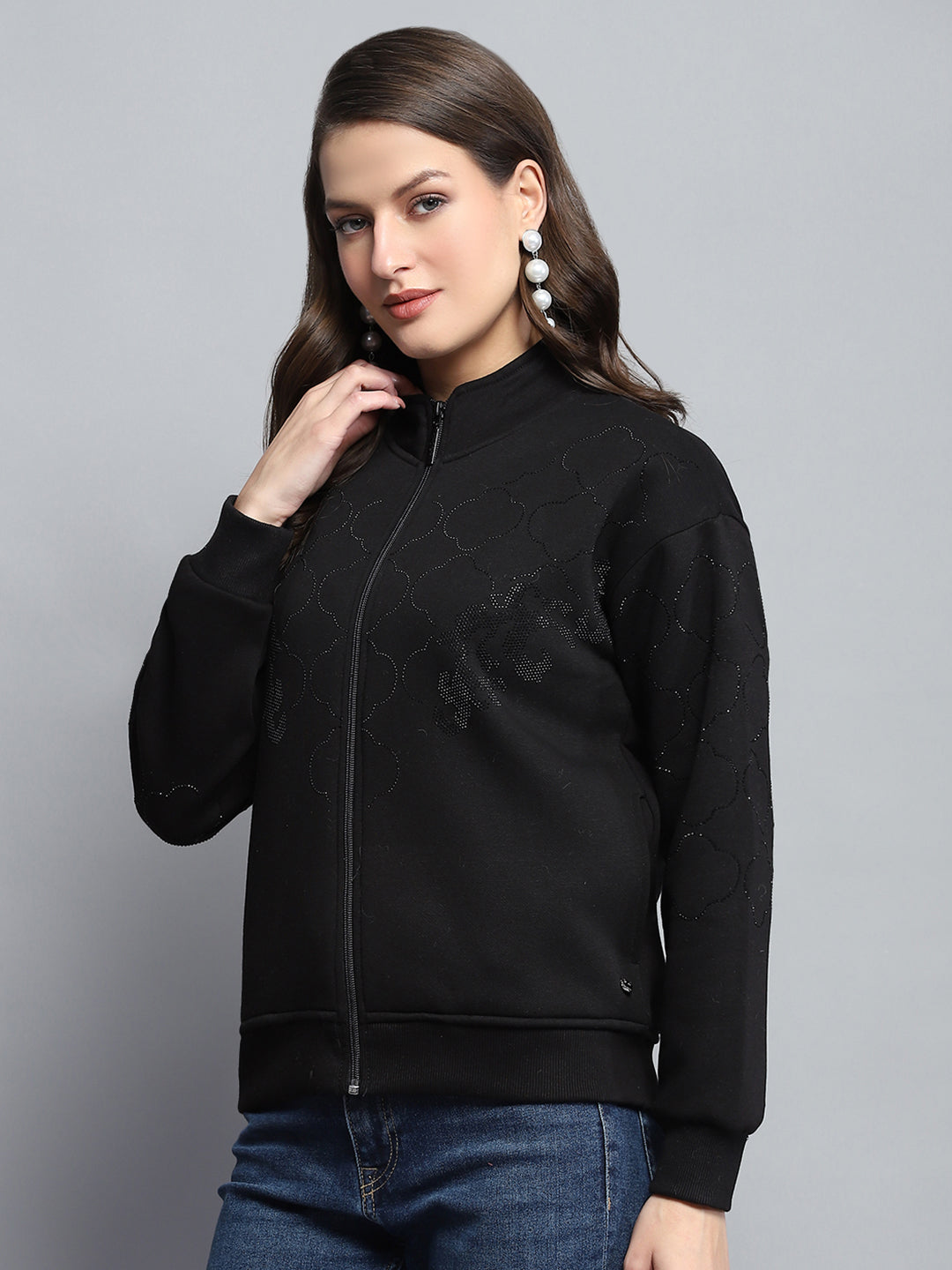 Women Black Printed Mock Neck Full Sleeve Sweatshirt