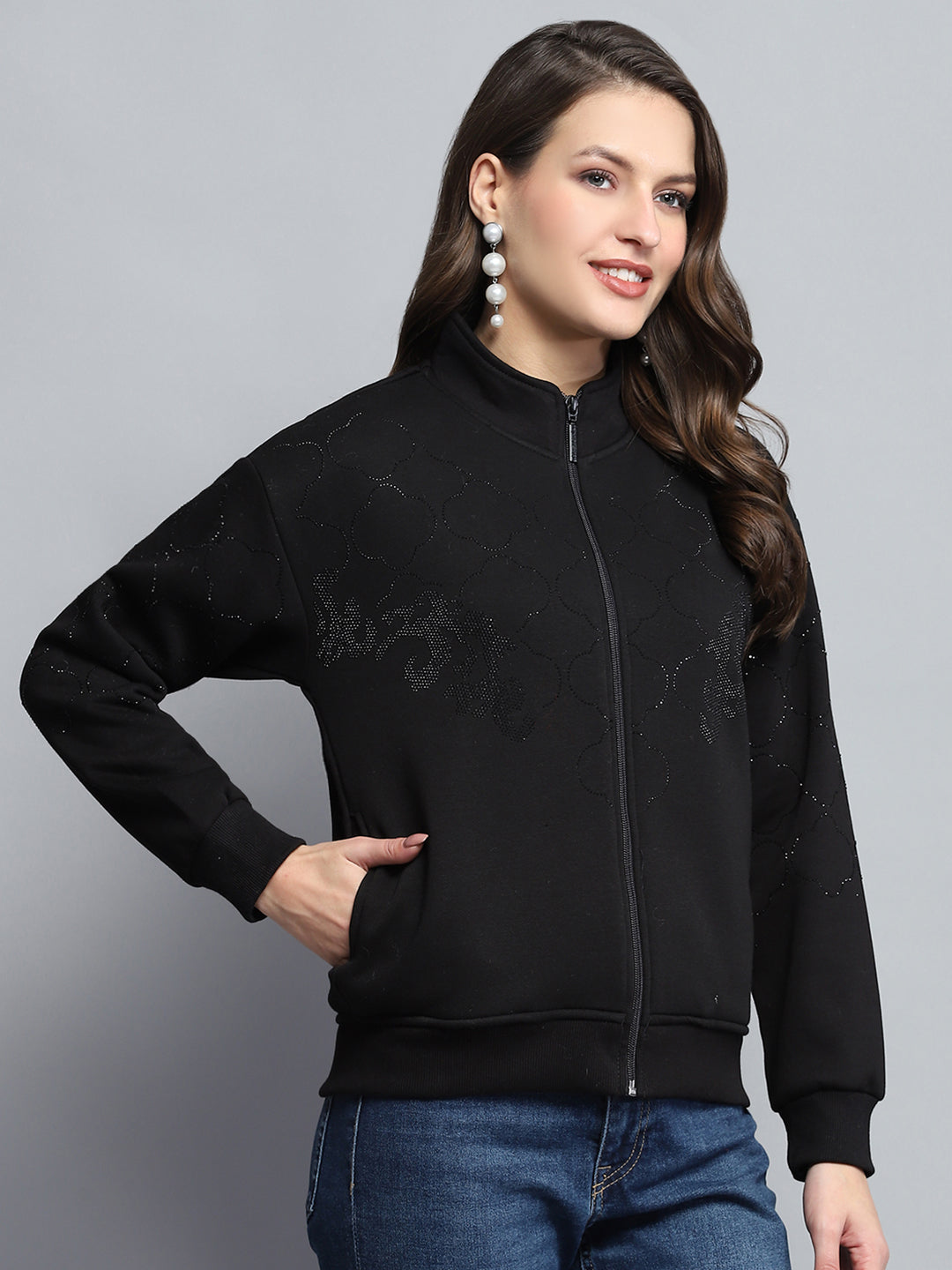 Women Black Printed Mock Neck Full Sleeve Sweatshirt