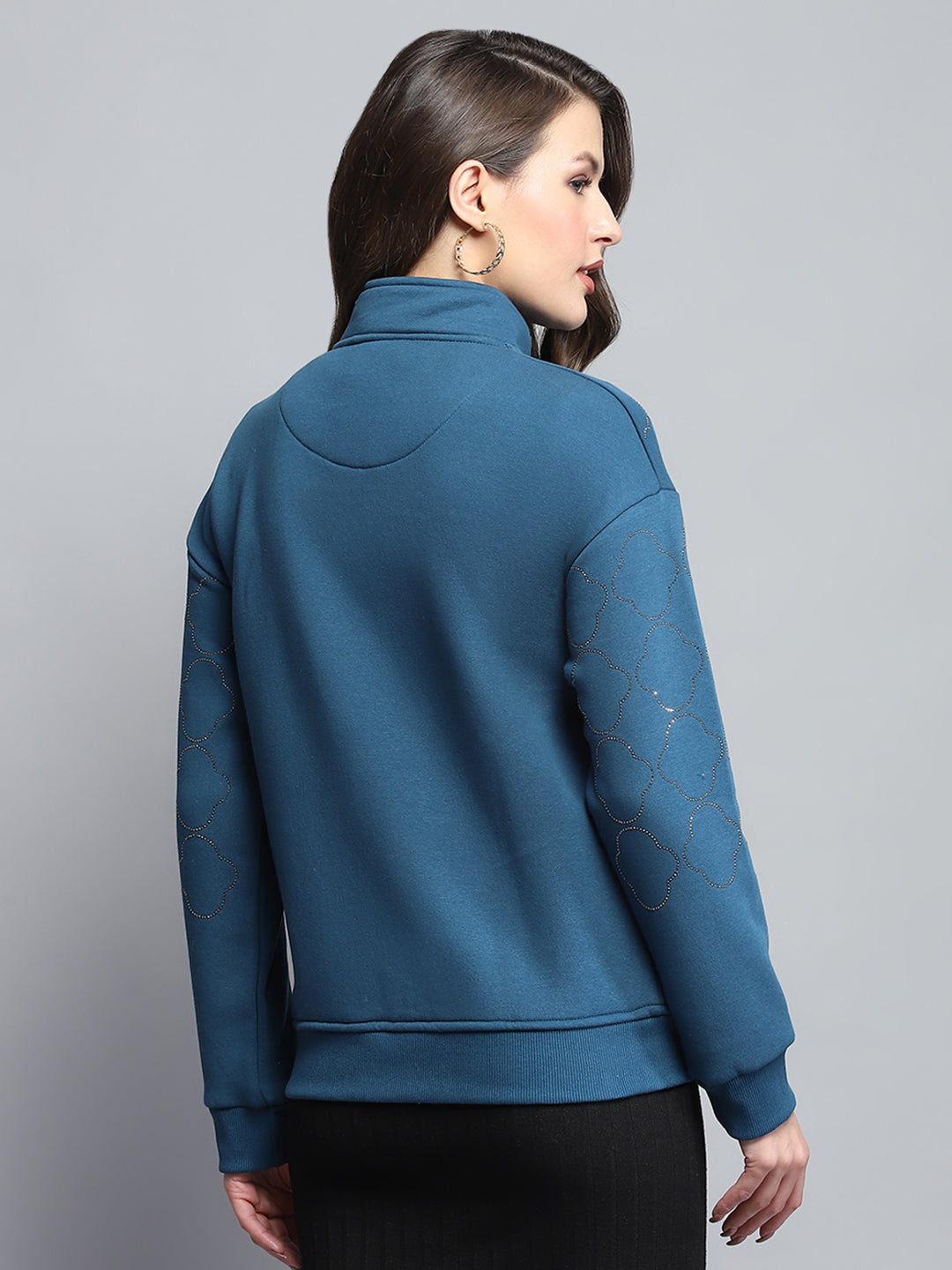 Women Teal Blue Printed Mock Neck Full Sleeve Sweatshirt