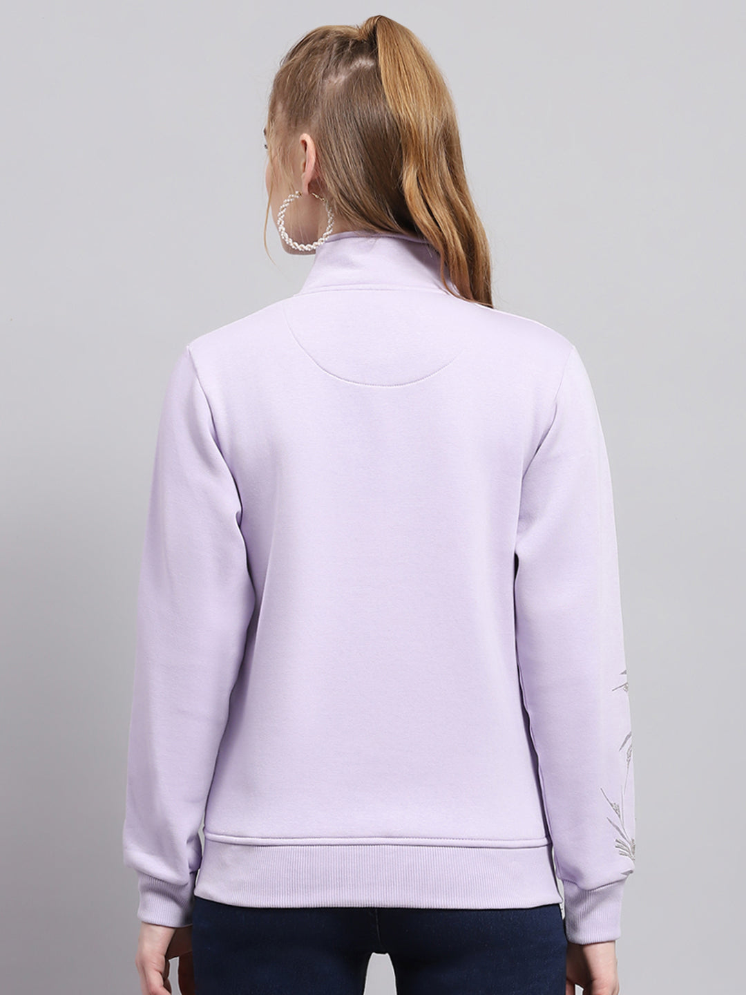 Women Purple Printed Mock Neck Full Sleeve Sweatshirt