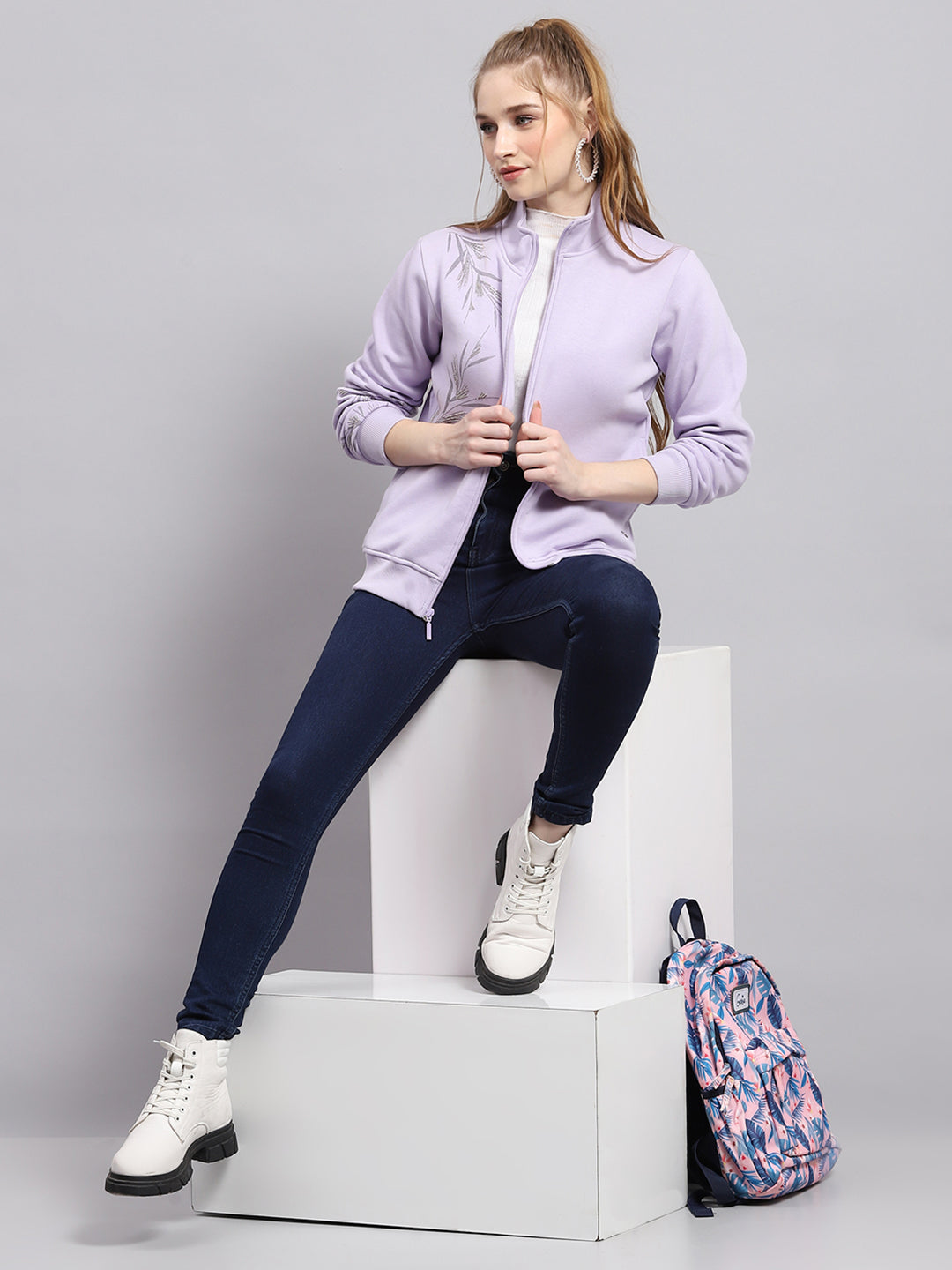 Women Purple Printed Mock Neck Full Sleeve Sweatshirt