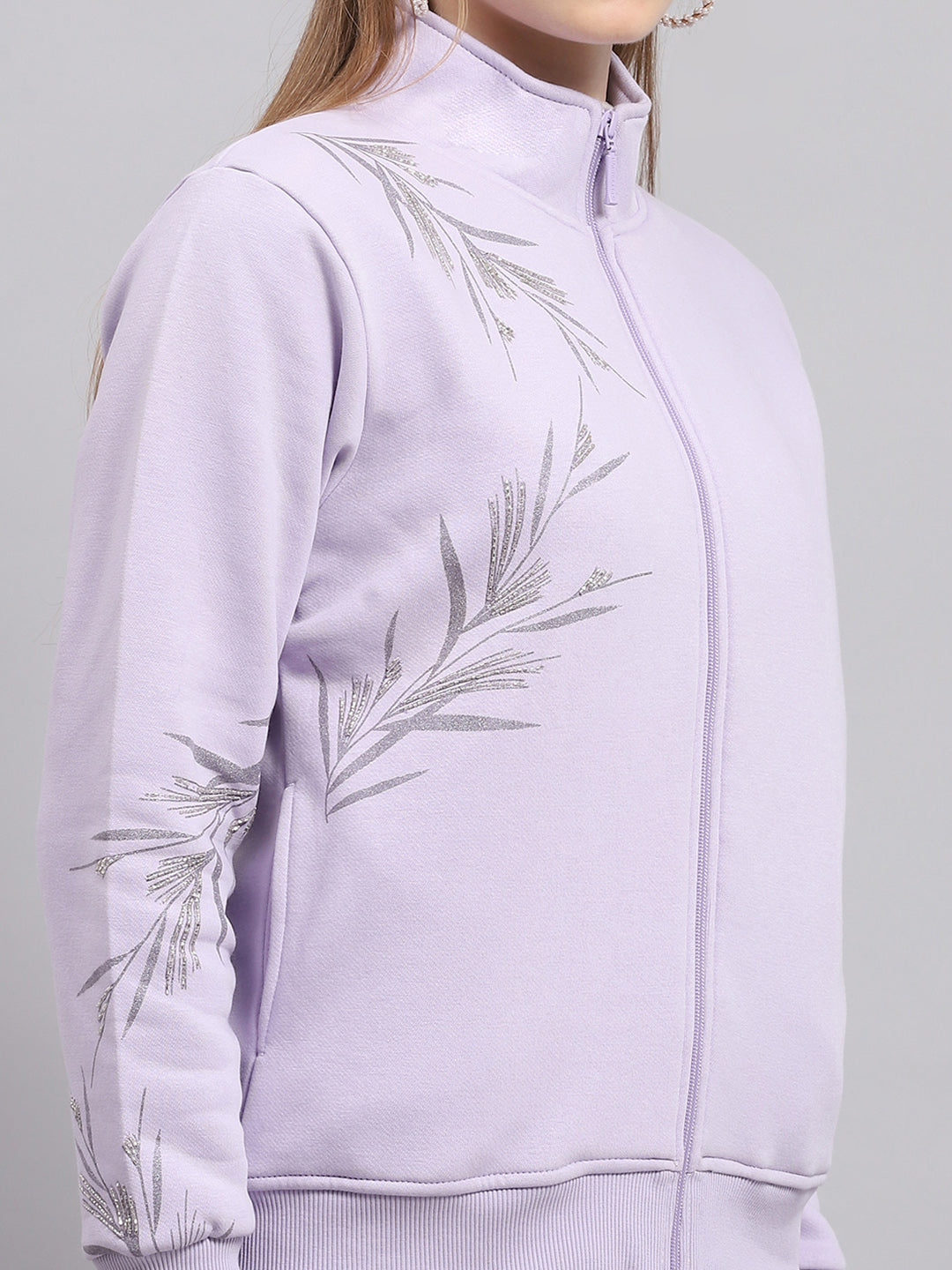 Women Purple Printed Mock Neck Full Sleeve Sweatshirt