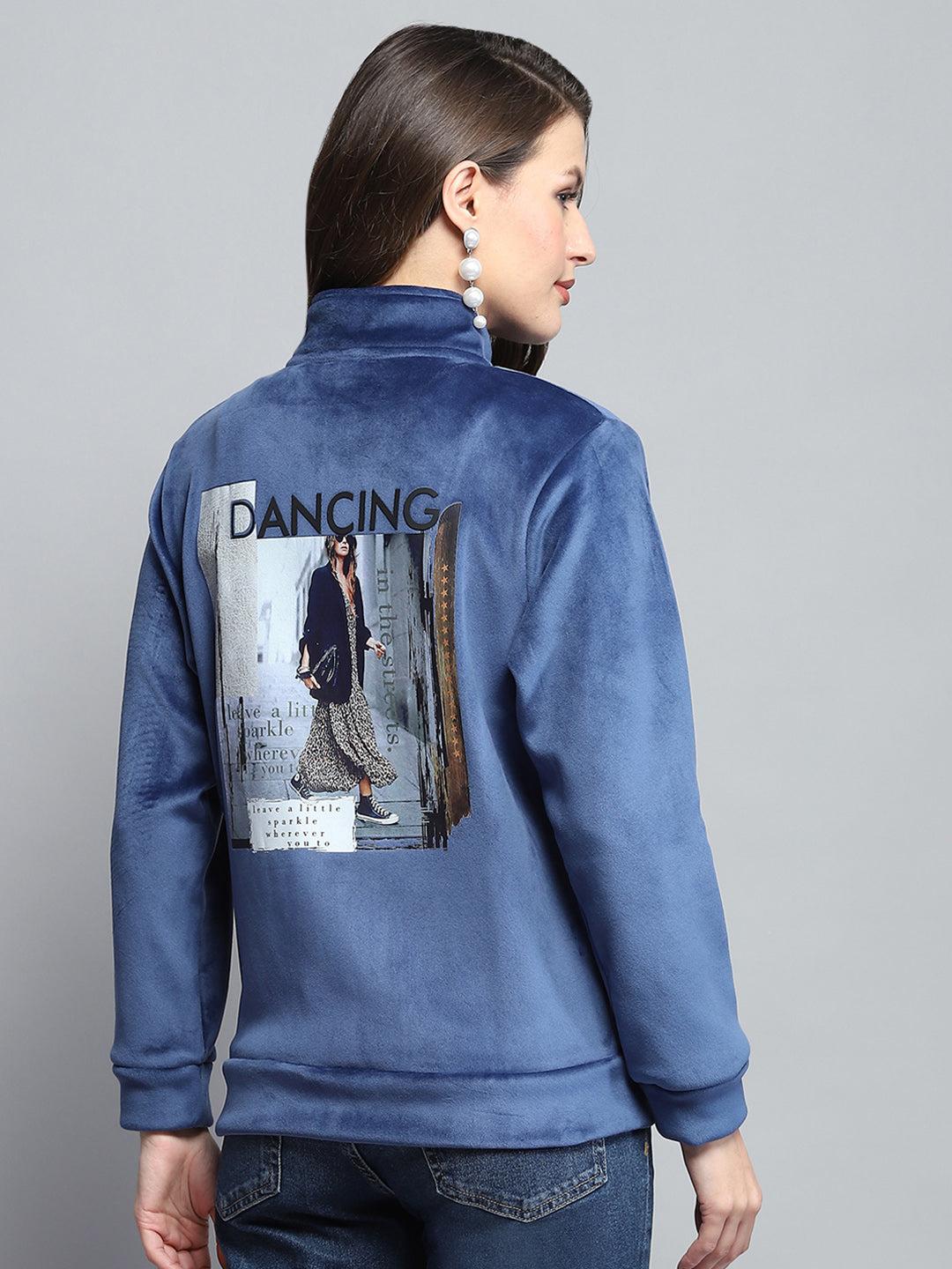 Women Blue Printed Mock Neck Full Sleeve Sweatshirt