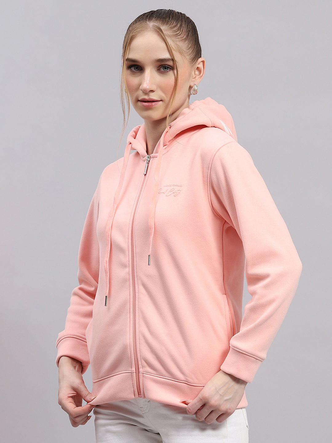 Women Peach Printed Hooded Full Sleeve Sweatshirt