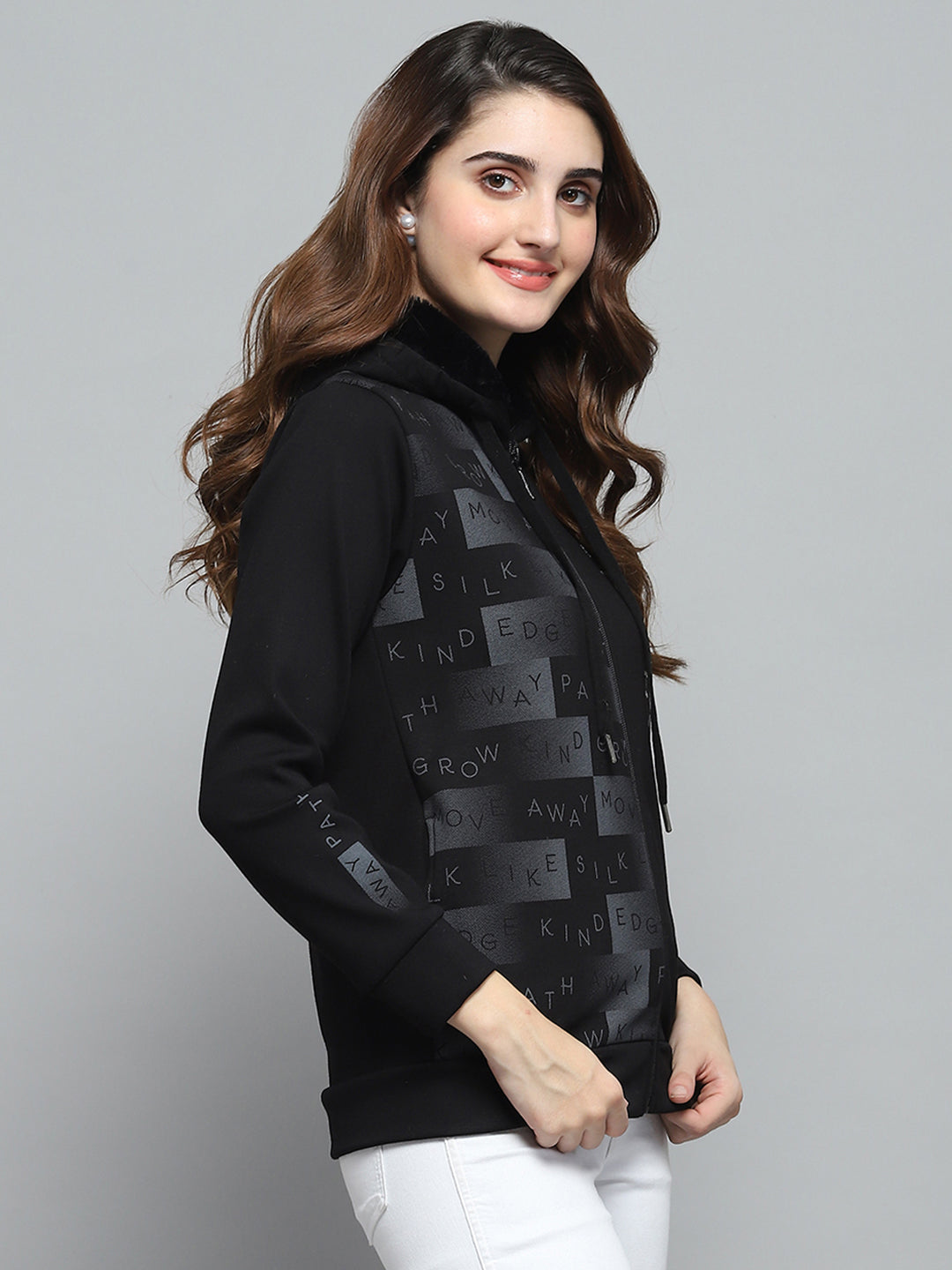 Women Black Printed Hooded Full Sleeve Sweatshirt