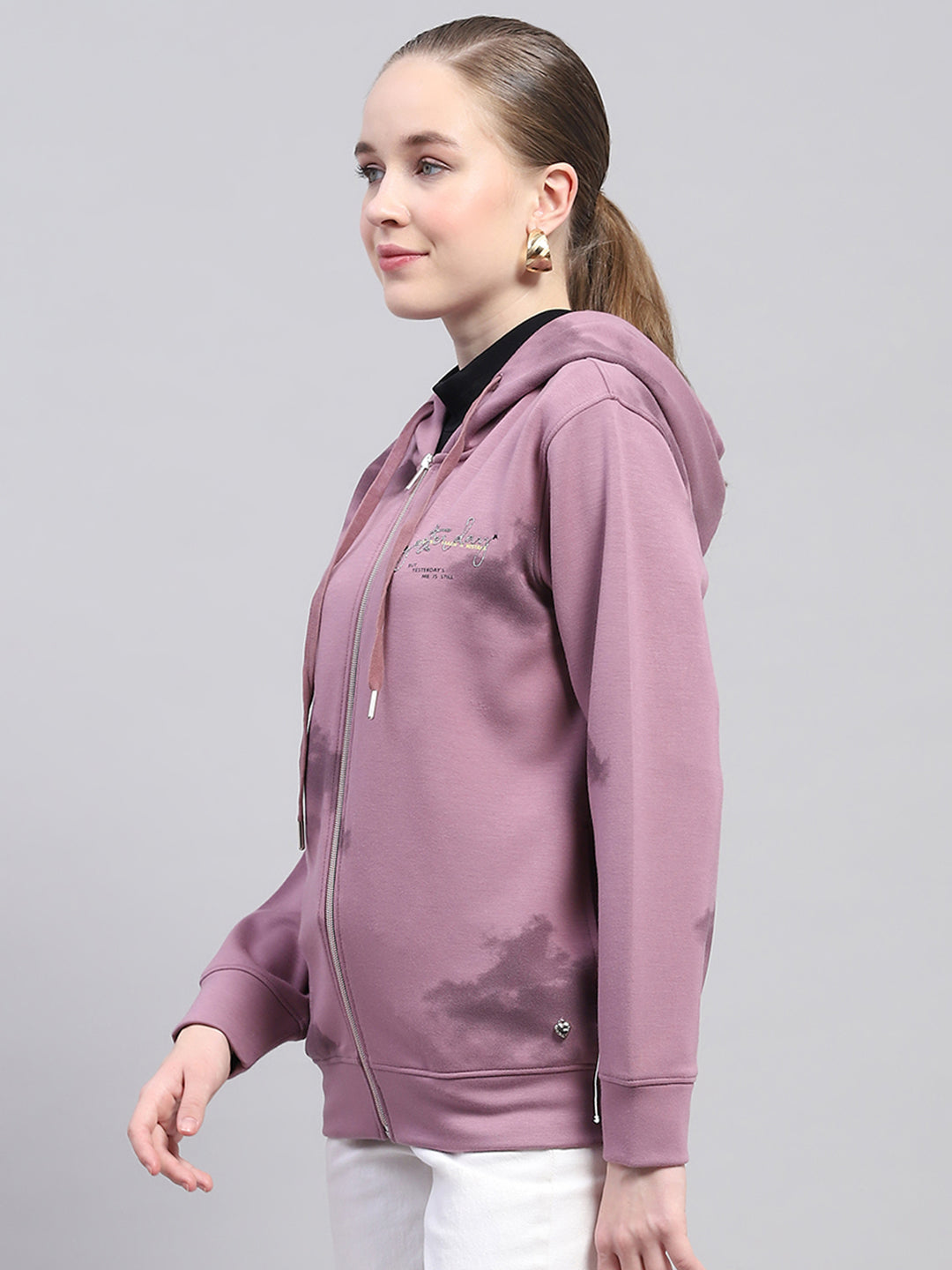 Women Pink Printed Hooded Full Sleeve Sweatshirt