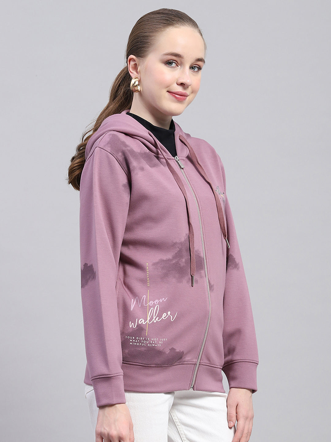 Women Pink Printed Hooded Full Sleeve Sweatshirt