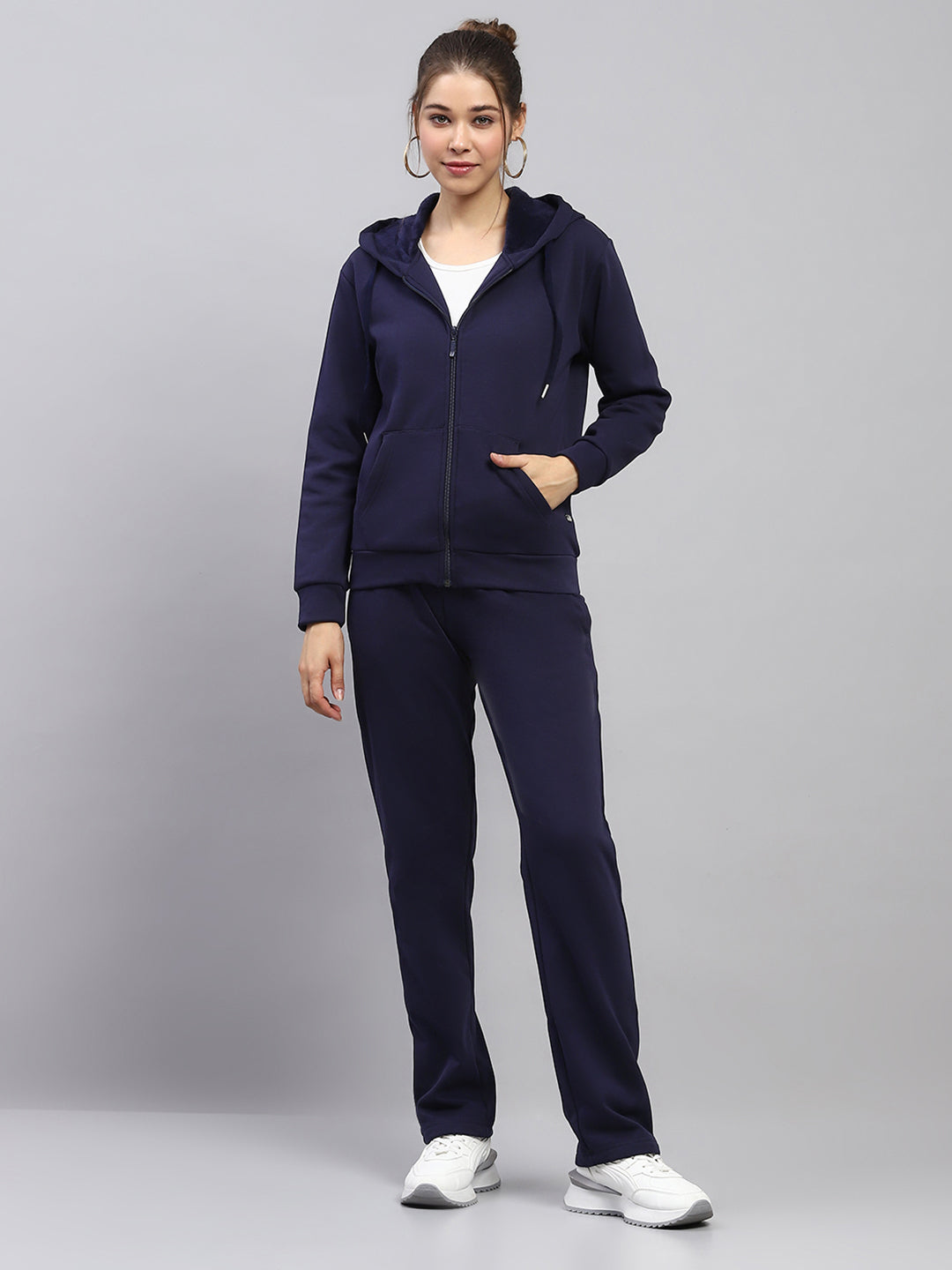 Women Navy Blue Solid Hooded Full Sleeve Tracksuit