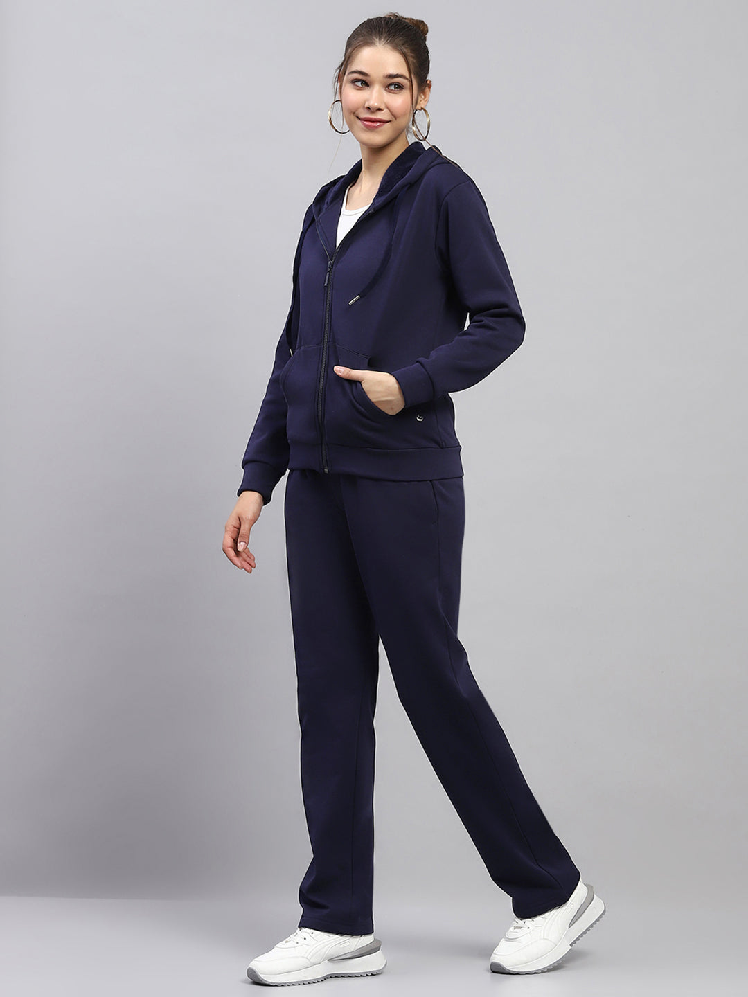 Women Navy Blue Solid Hooded Full Sleeve Tracksuit