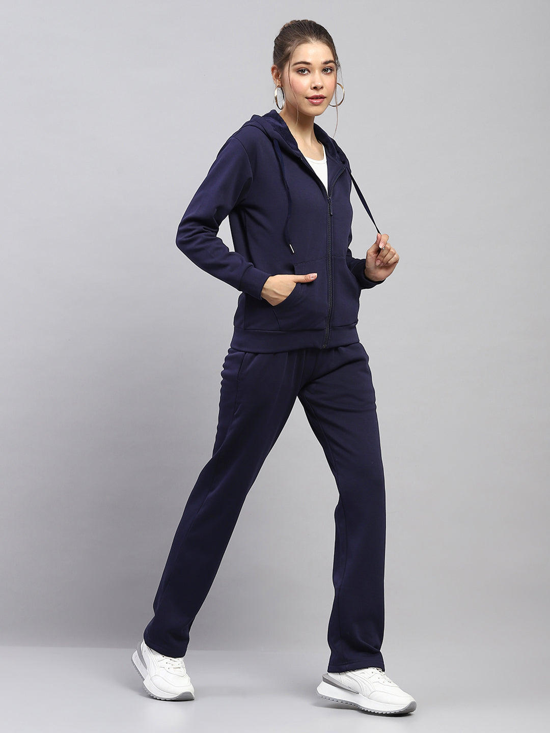 Women Navy Blue Solid Hooded Full Sleeve Tracksuit