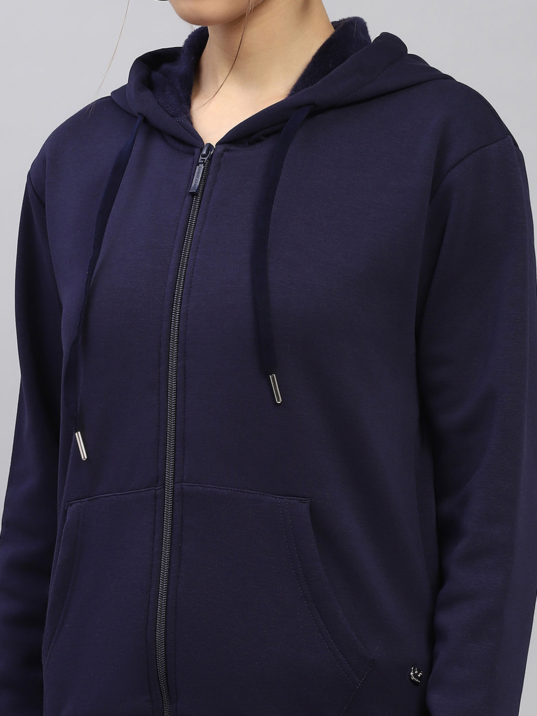 Women Navy Blue Solid Hooded Full Sleeve Tracksuit