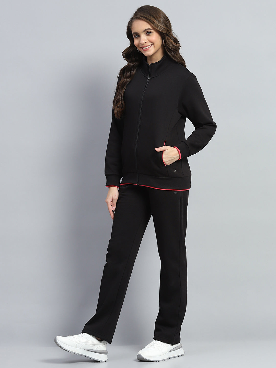 Women Black Solid Mock Neck Full Sleeve Winter Tracksuit