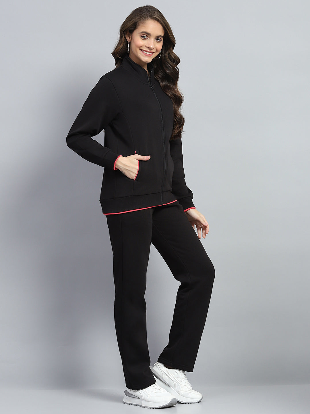 Women Black Solid Mock Neck Full Sleeve Winter Tracksuit