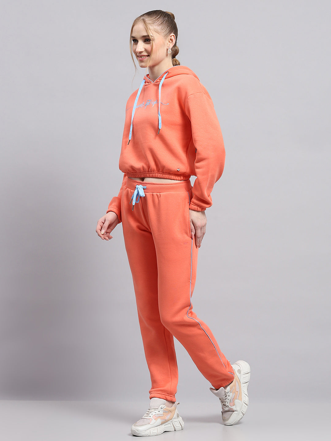 Women Peach Printed Hooded Full Sleeve Tracksuit