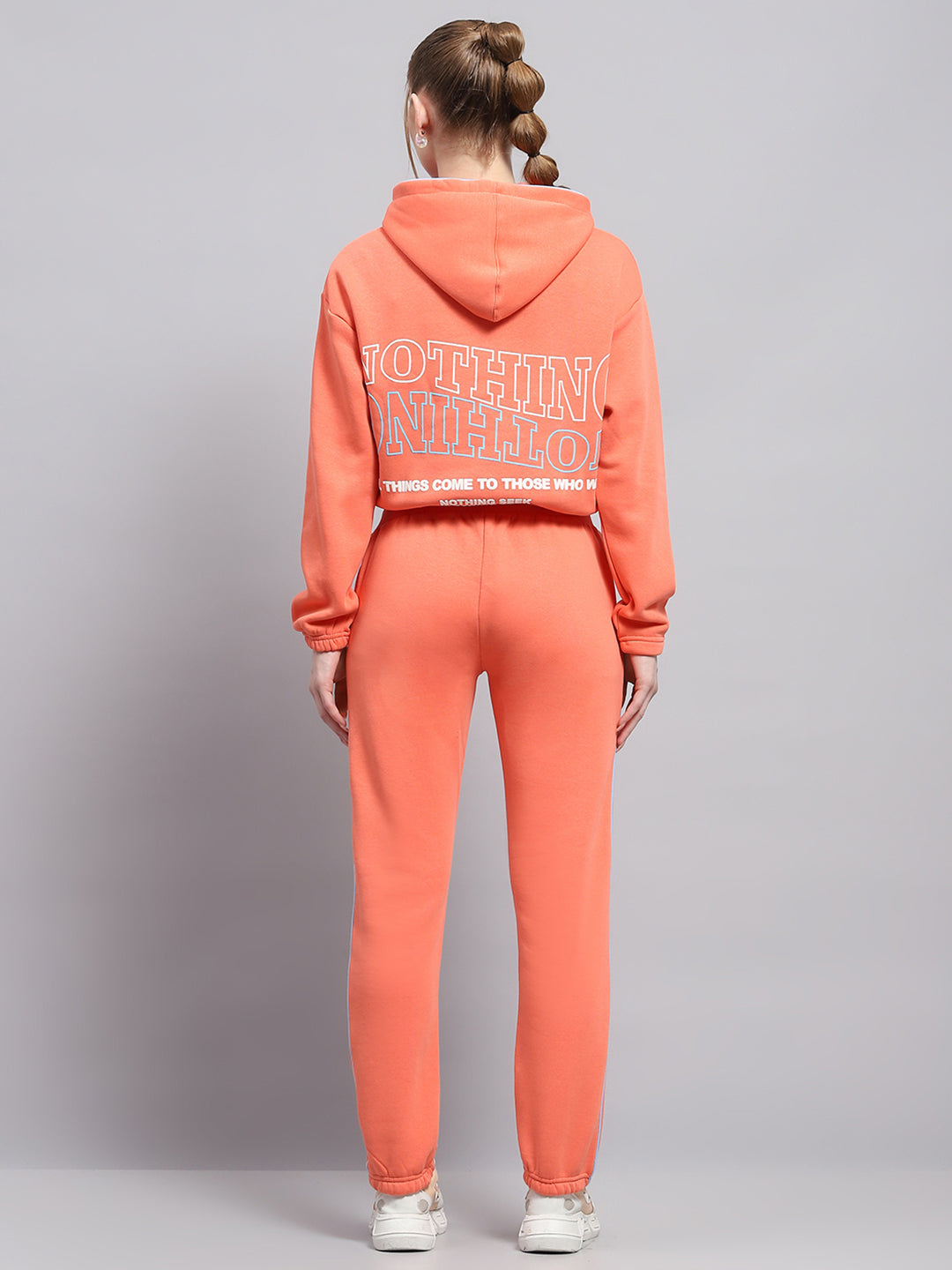 Women Peach Printed Hooded Full Sleeve Tracksuit