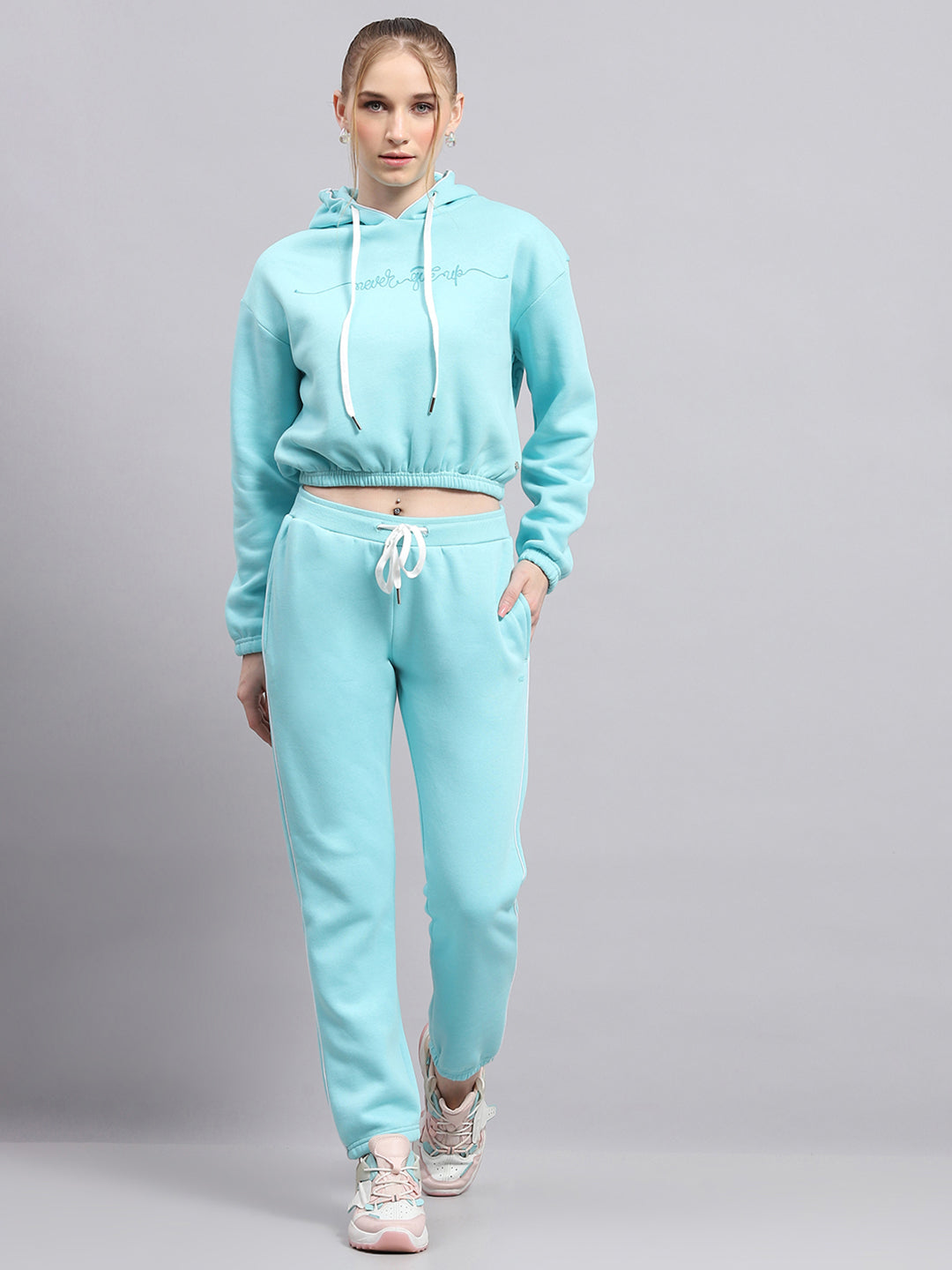 Women Sky Blue Printed Hooded Full Sleeve Tracksuit