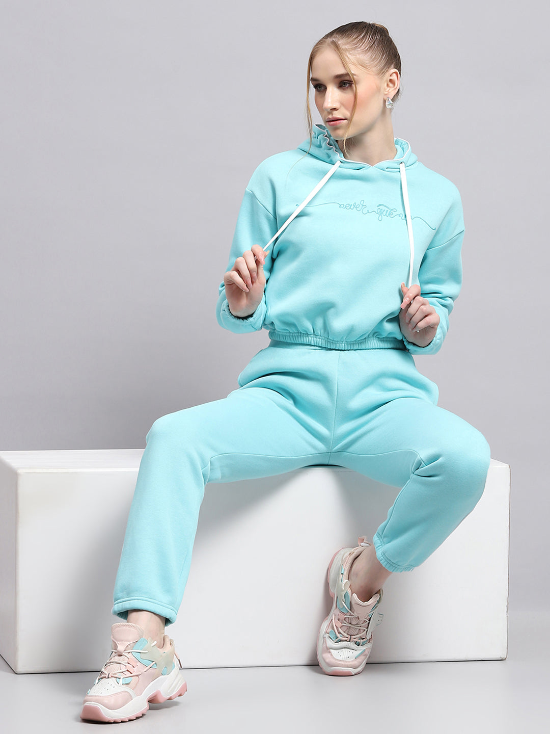 Women Sky Blue Printed Hooded Full Sleeve Tracksuit