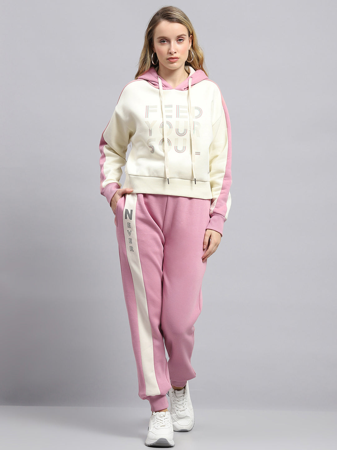 Women Pink Printed Hooded Full Sleeve Tracksuit