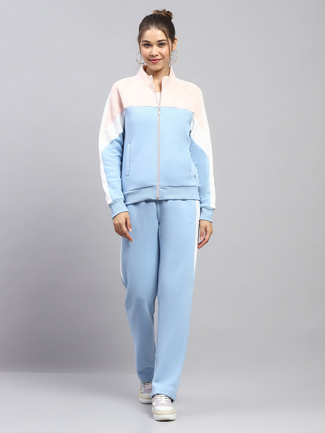 Women Sky Blue Solid Mock Neck Full Sleeve Tracksuit