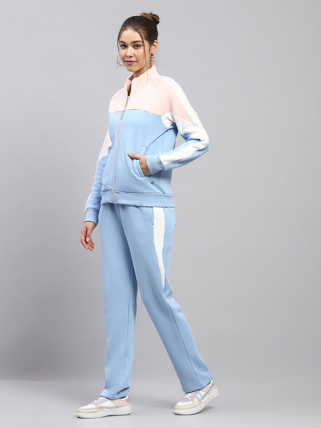 Women Sky Blue Solid Mock Neck Full Sleeve Tracksuit