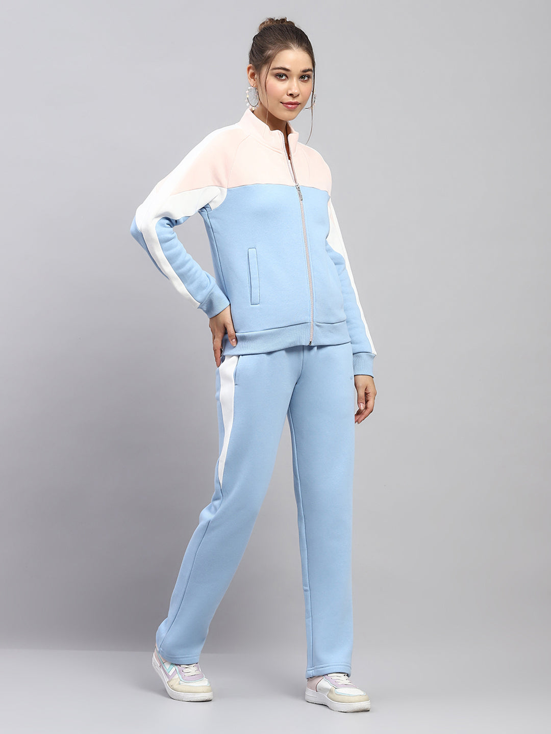 Women Sky Blue Solid Mock Neck Full Sleeve Tracksuit