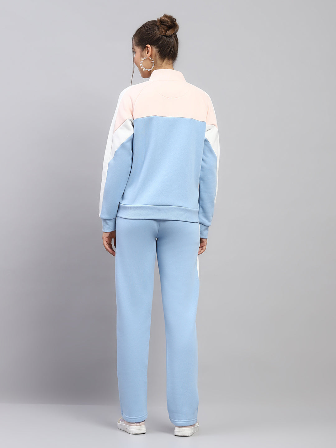 Women Sky Blue Solid Mock Neck Full Sleeve Tracksuit