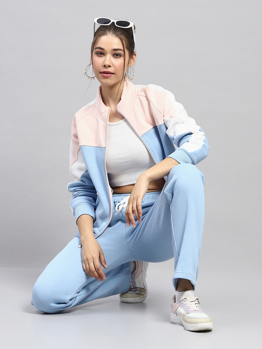 Women Sky Blue Solid Mock Neck Full Sleeve Tracksuit