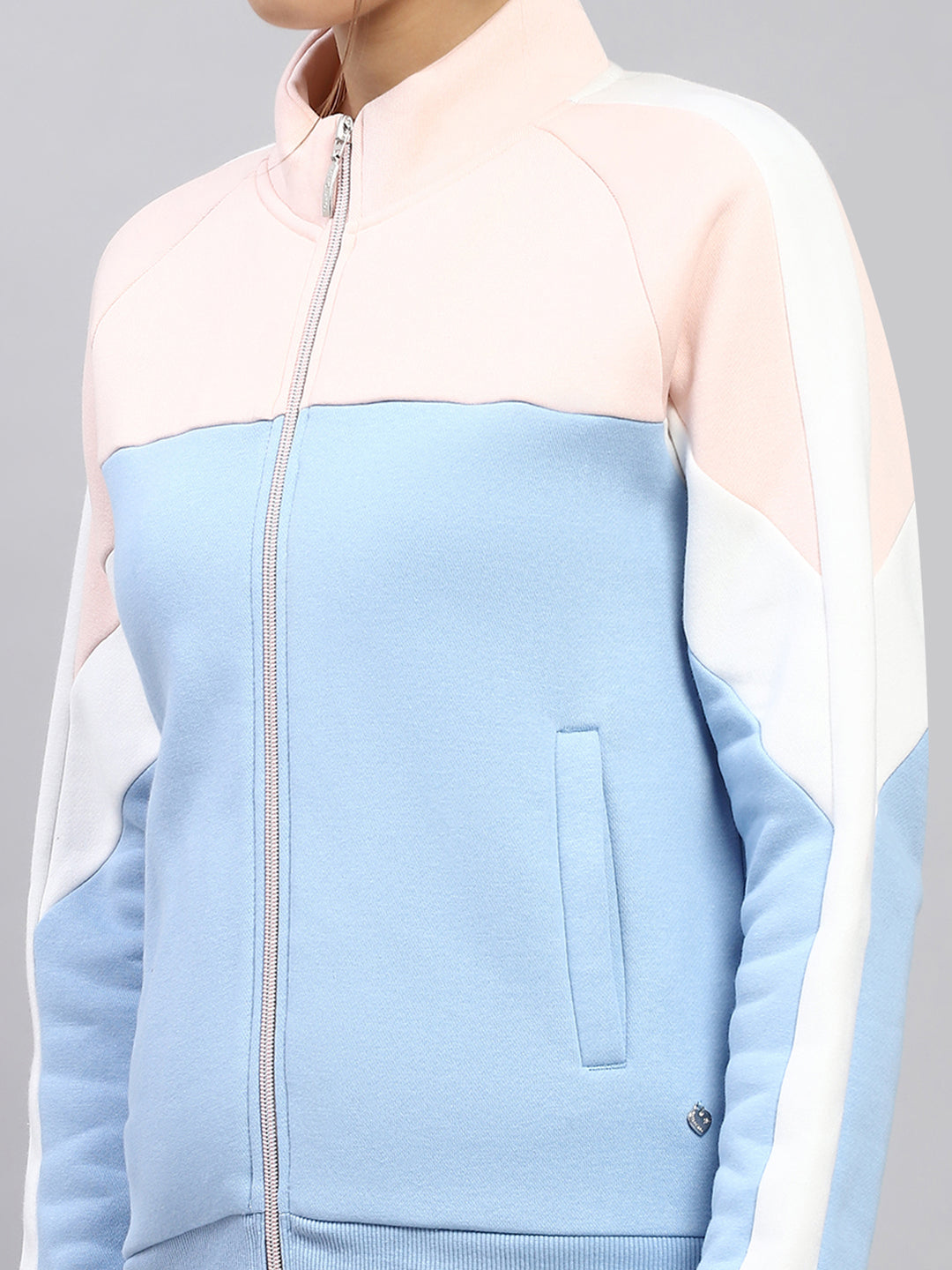 Women Sky Blue Solid Mock Neck Full Sleeve Tracksuit