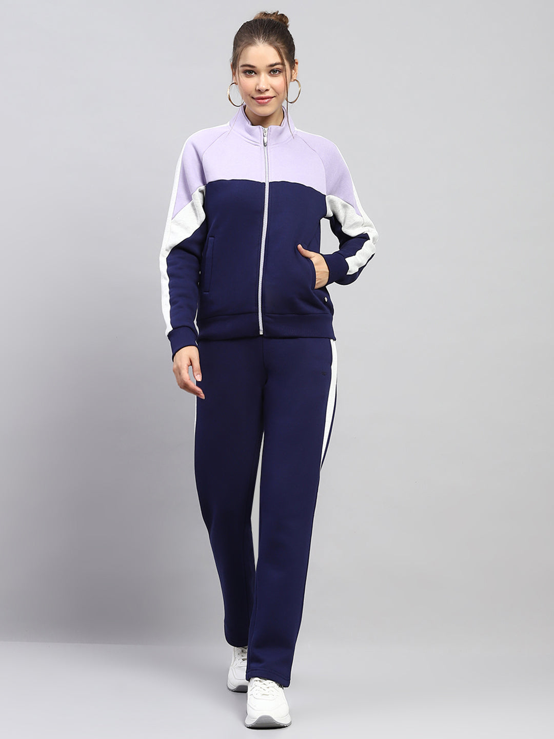 Women Blue Solid Mock Neck Full Sleeve Tracksuit