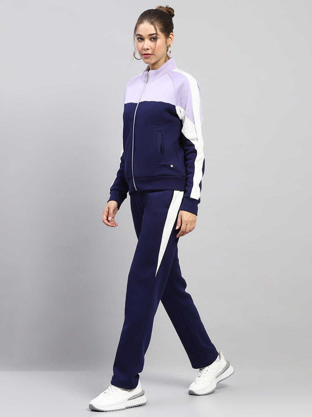 Women Blue Solid Mock Neck Full Sleeve Tracksuit