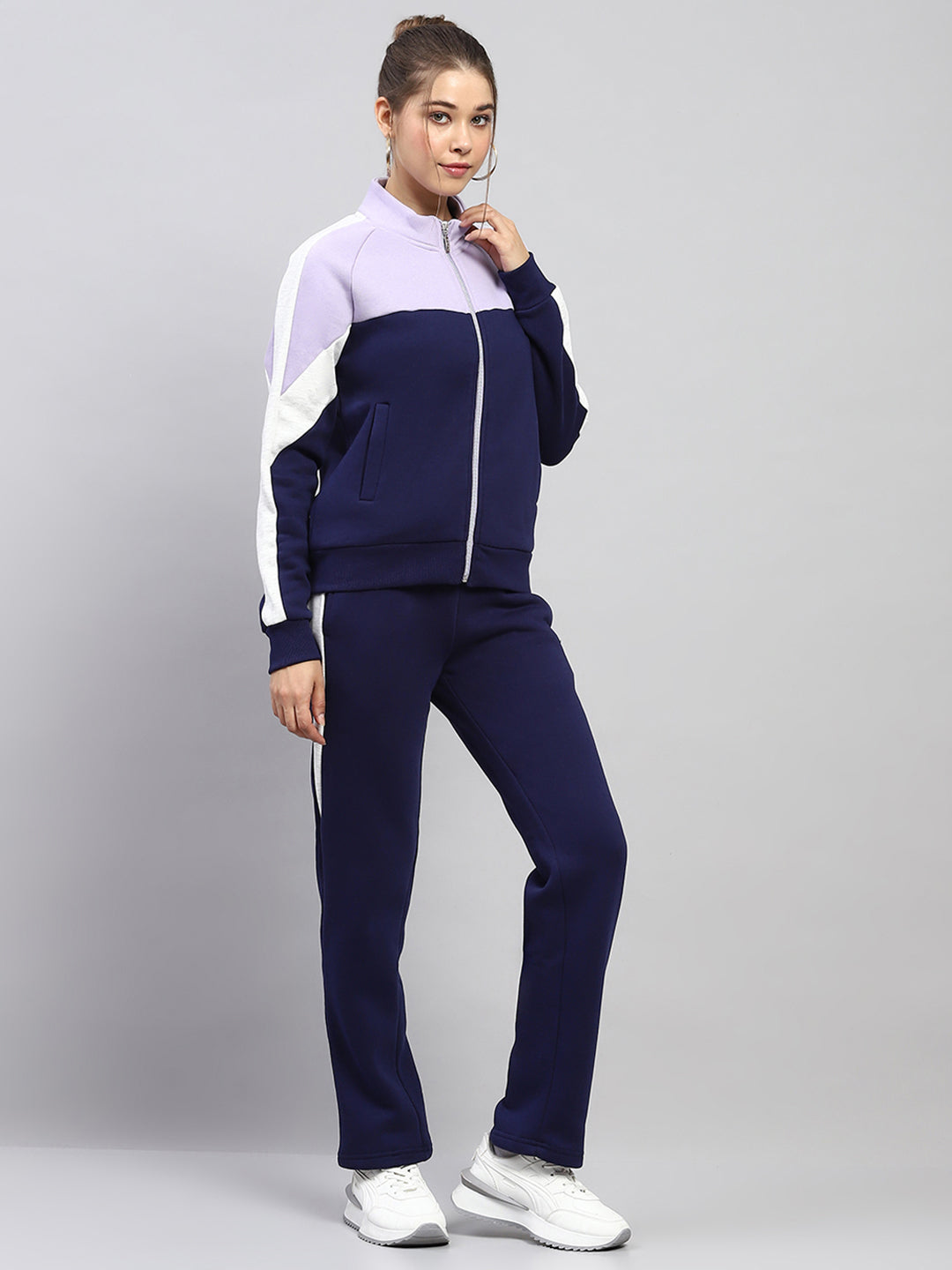 Women Blue Solid Mock Neck Full Sleeve Tracksuit