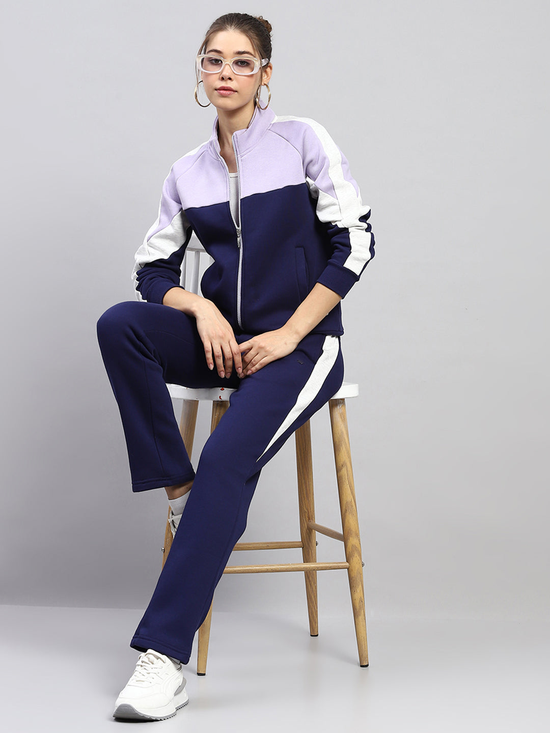 Women Blue Solid Mock Neck Full Sleeve Tracksuit