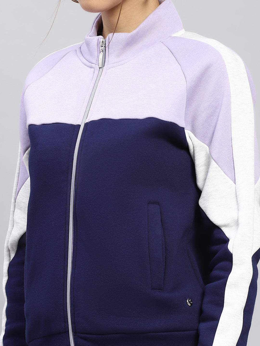 Women Blue Solid Mock Neck Full Sleeve Tracksuit