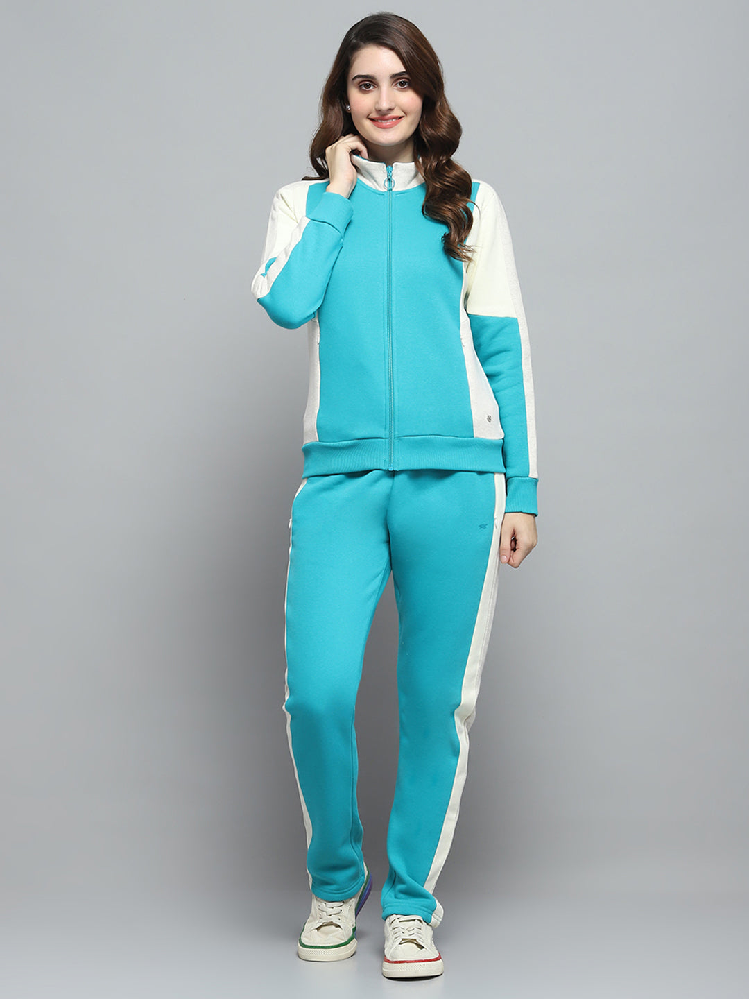 Women Teal Blue Solid Mock Neck Full Sleeve Tracksuit