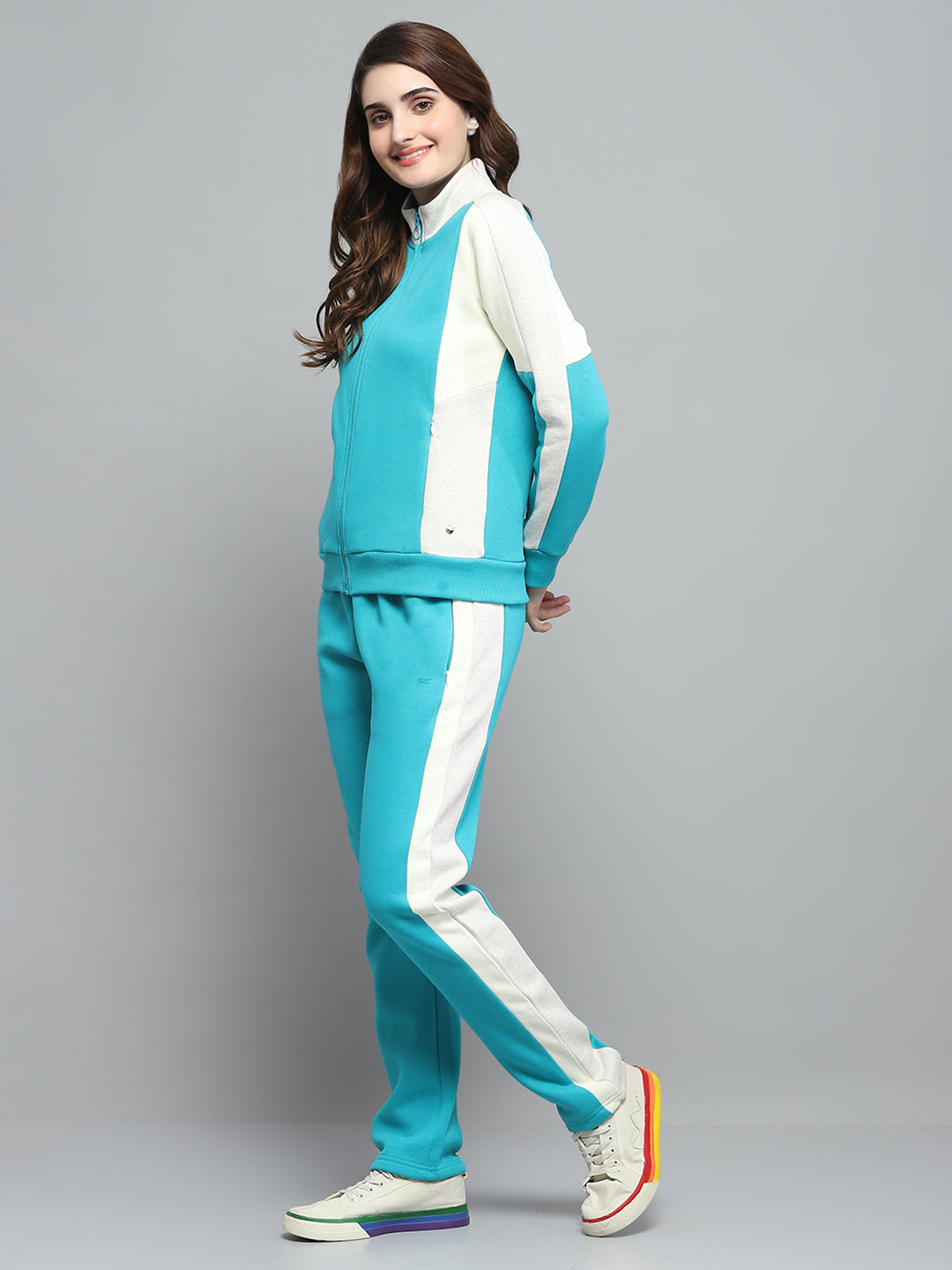 Women Teal Blue Solid Mock Neck Full Sleeve Tracksuit